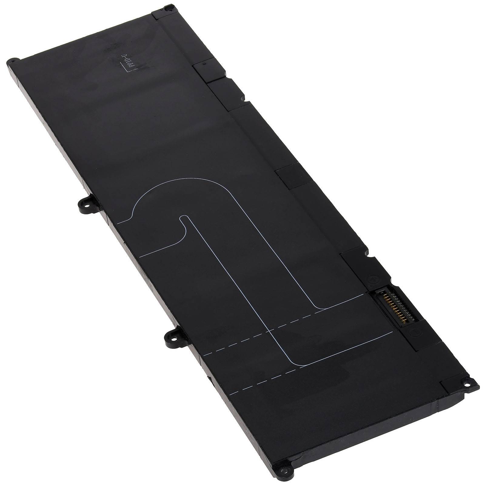 Eine flache, rechteckige, schwarze Laptop-Batterie mit sichtbaren Anschlüssen und Rillen, die für bestimmte Laptop-Modelle entwickelt wurde.