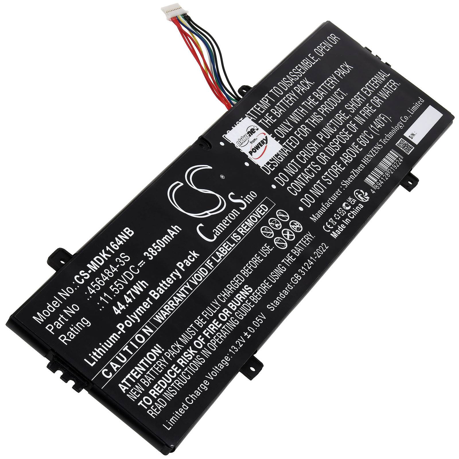 Akkupack mit 7,4V, 3500mAh Kapazität. Modell: CS-MDK645MB. Enthält Sicherheitswarnungen und Bedienungshinweise.