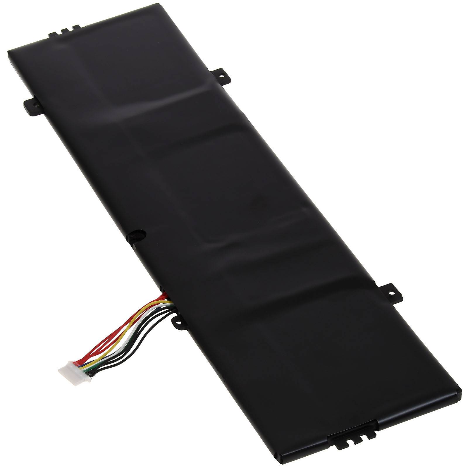 Eine Laptop-Batterie ist zu sehen mit mehreren farbigen Kabeln, die sich von ihr erstrecken und für den Anschluss in elektronischen Geräten vorgesehen sind.