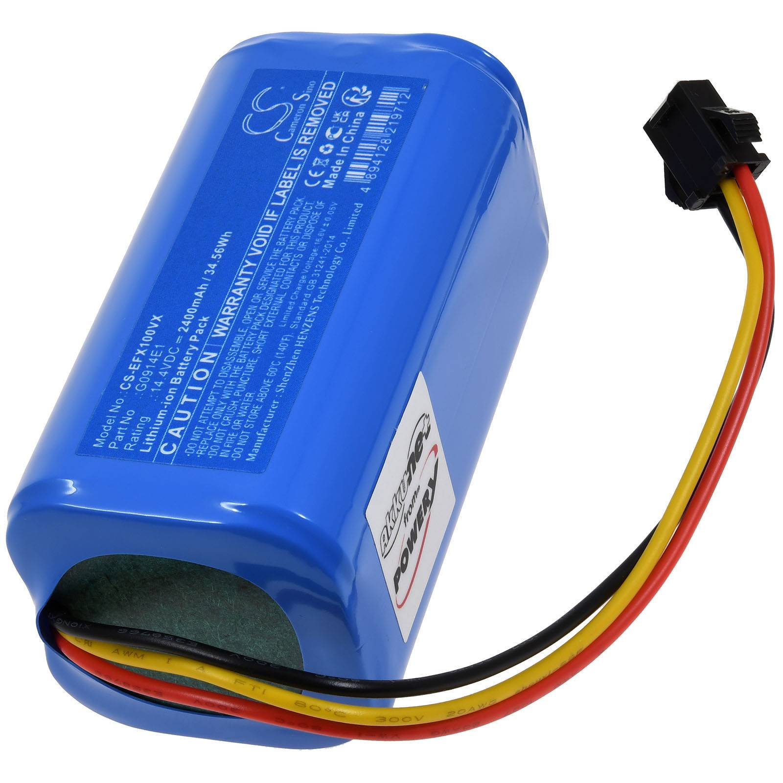 Eine blaue wiederaufladbare Batterie mit Warnhinweis-Etiketten, an die rote, gelbe und schwarze Kabel an einem schwarzen Stecker angeschlossen sind.