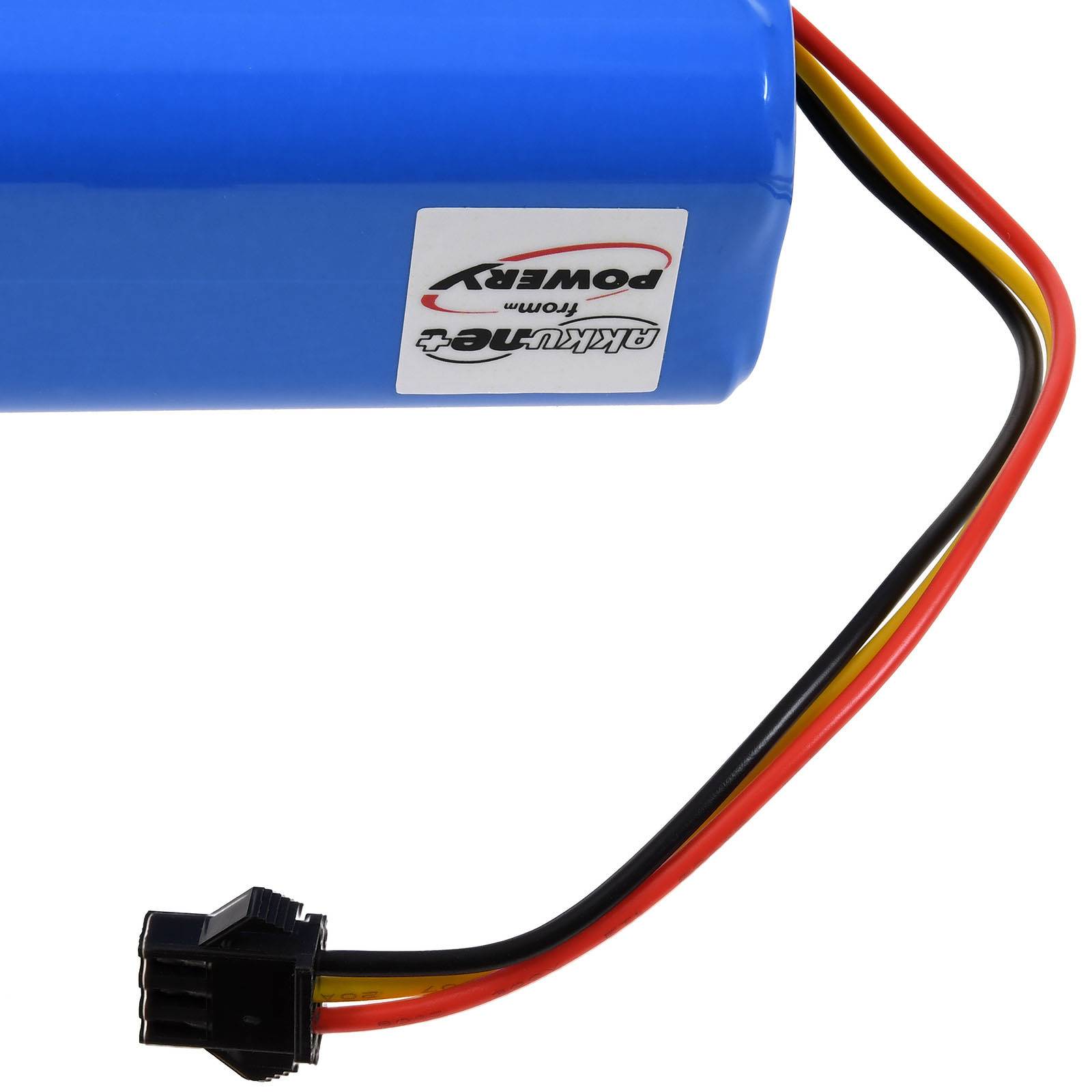 Ein blauer rechteckiger Akkupack mit angeschlossenen roten, gelben und schwarzen Kabeln, beschriftet mit 'E-Bike Stromversorgung'.