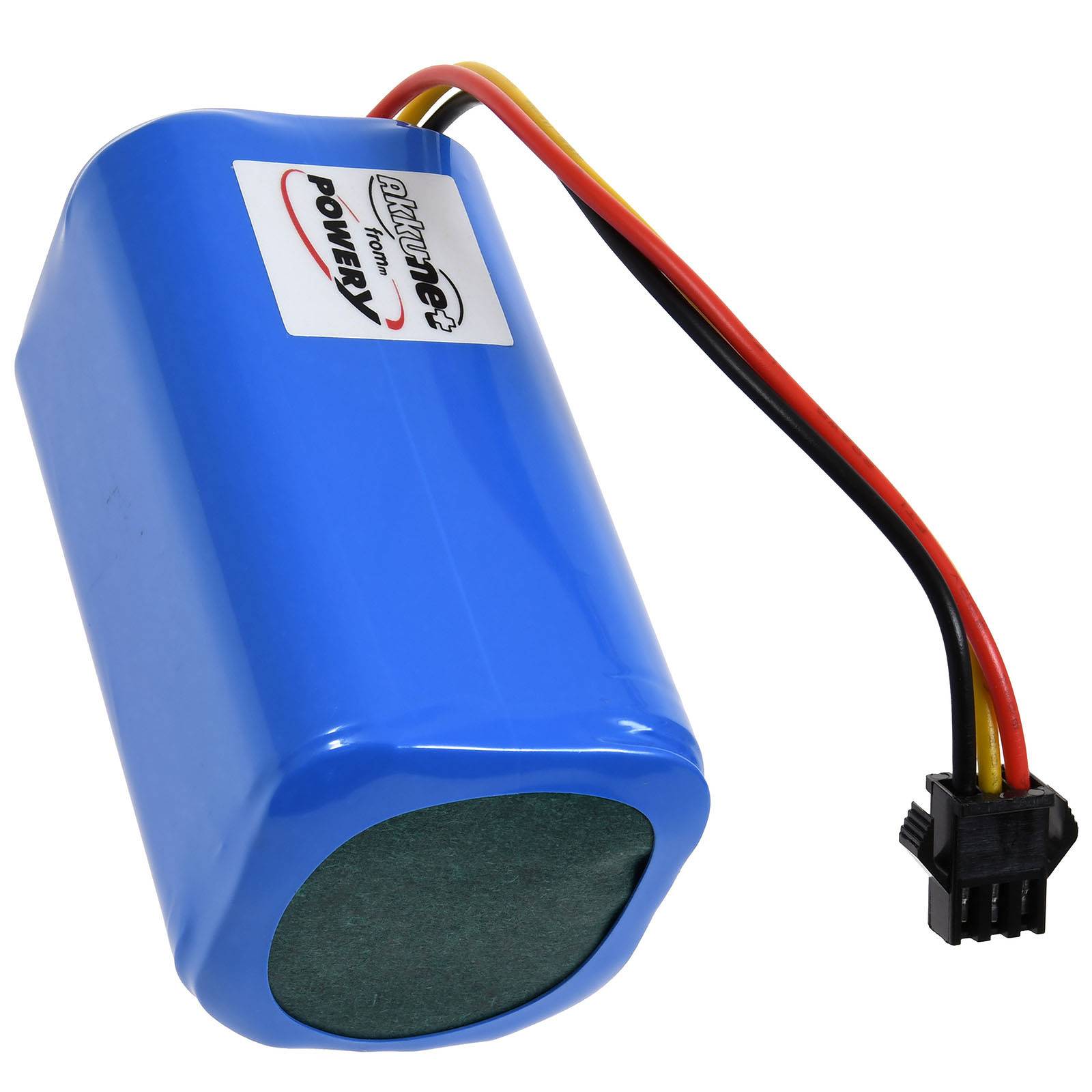 Eine blaue zylindrische Batterie mit einem Etikett, versehen mit roten, gelben und schwarzen Kabeln, die zu einem schwarzen Anschluss führen.