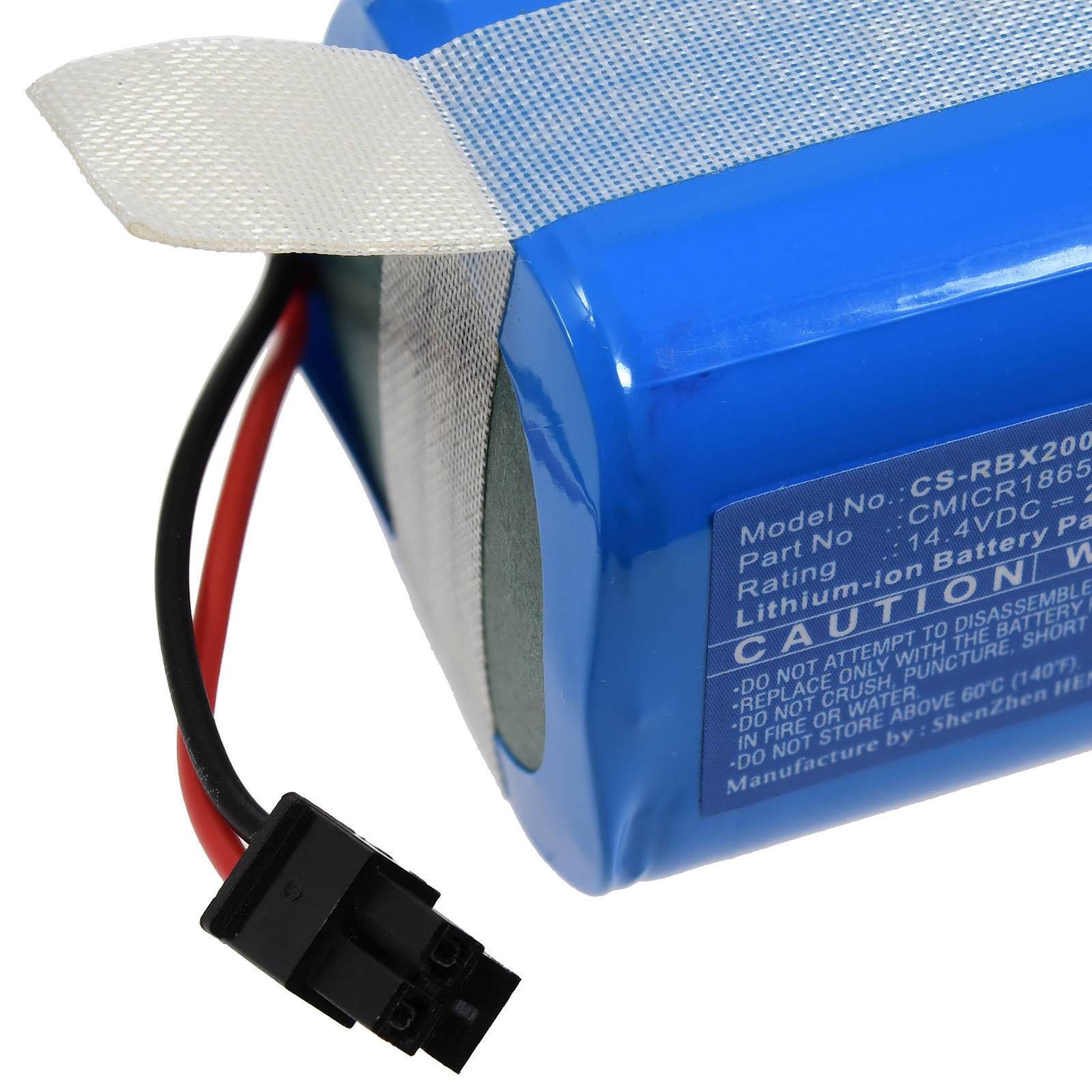 Ein blauer Lithium-Ionen-Akkupack mit angeschlossenen Kabeln und einem Anschluss, teilweise mit silbernem Klebeband abgedeckt, versehen mit Warnhinweisen.