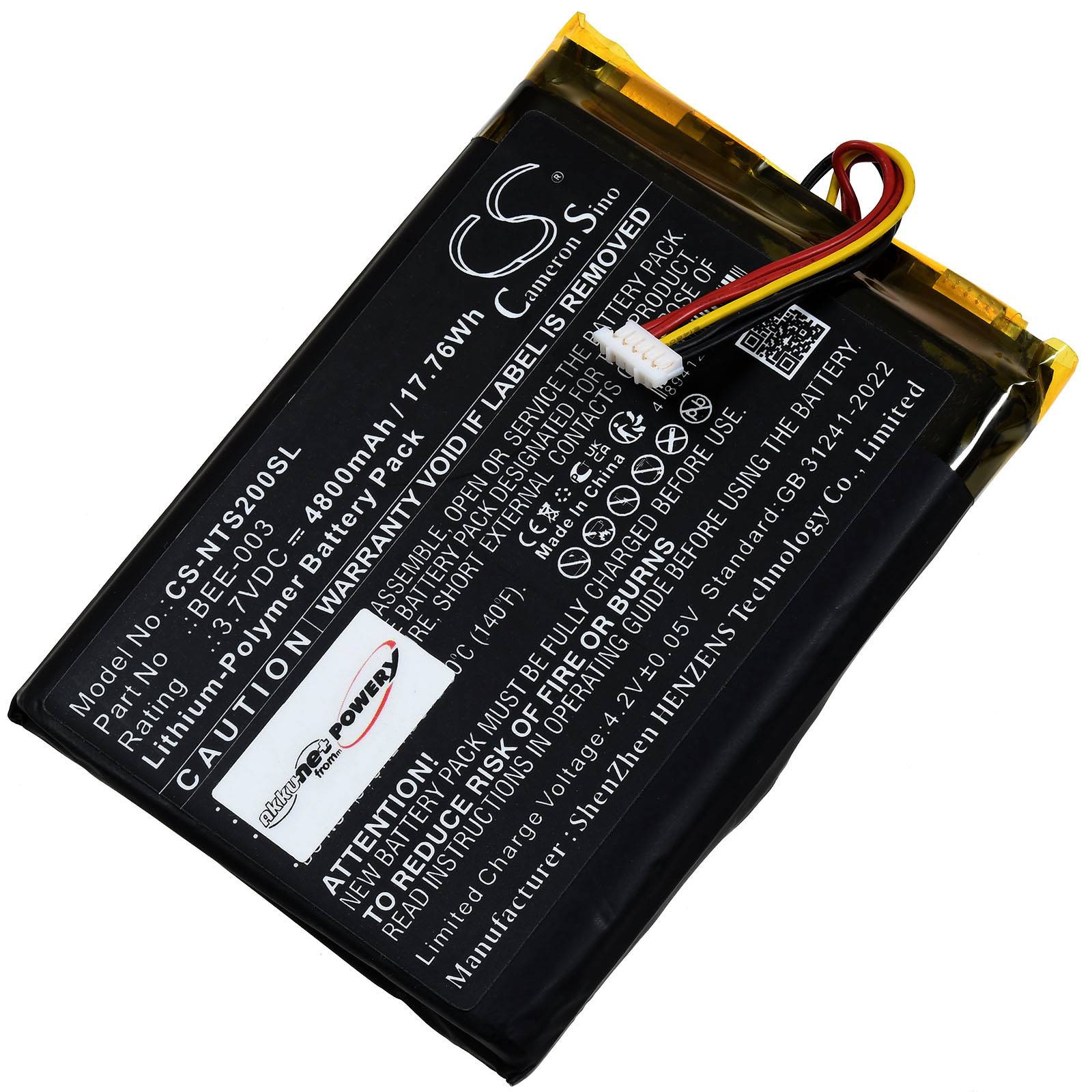 Eine Lithium-Polymer-Batterie mit Kapazitätsdetails und Warnhinweisen, die auf ihr aufgedruckt sind. Enthält Drähte zur Verbindung.