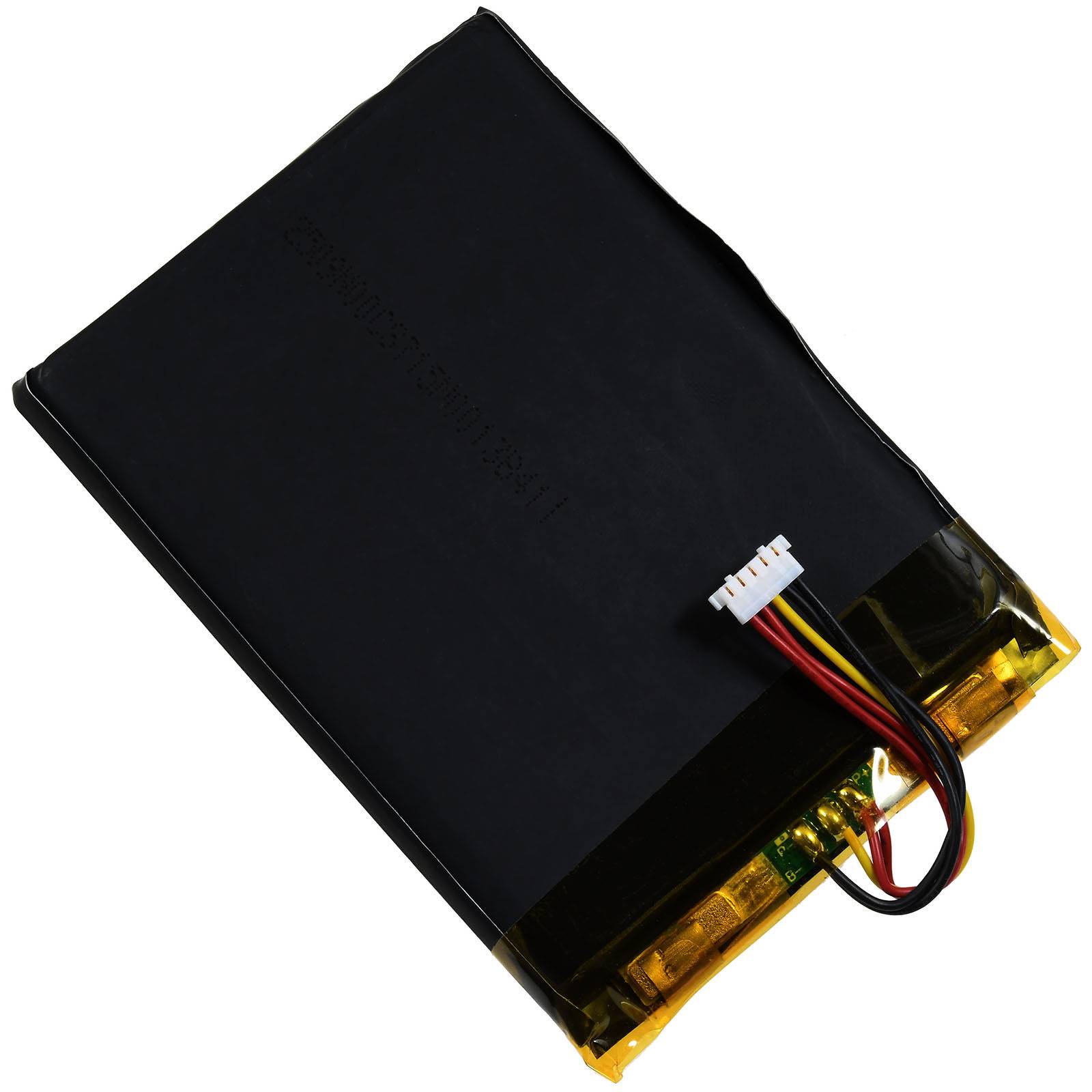 Eine rechteckige Lithium-Ionen-Batterie mit schwarzem Gehäuse, sichtbaren Kabeln und einem weißen Anschluss.