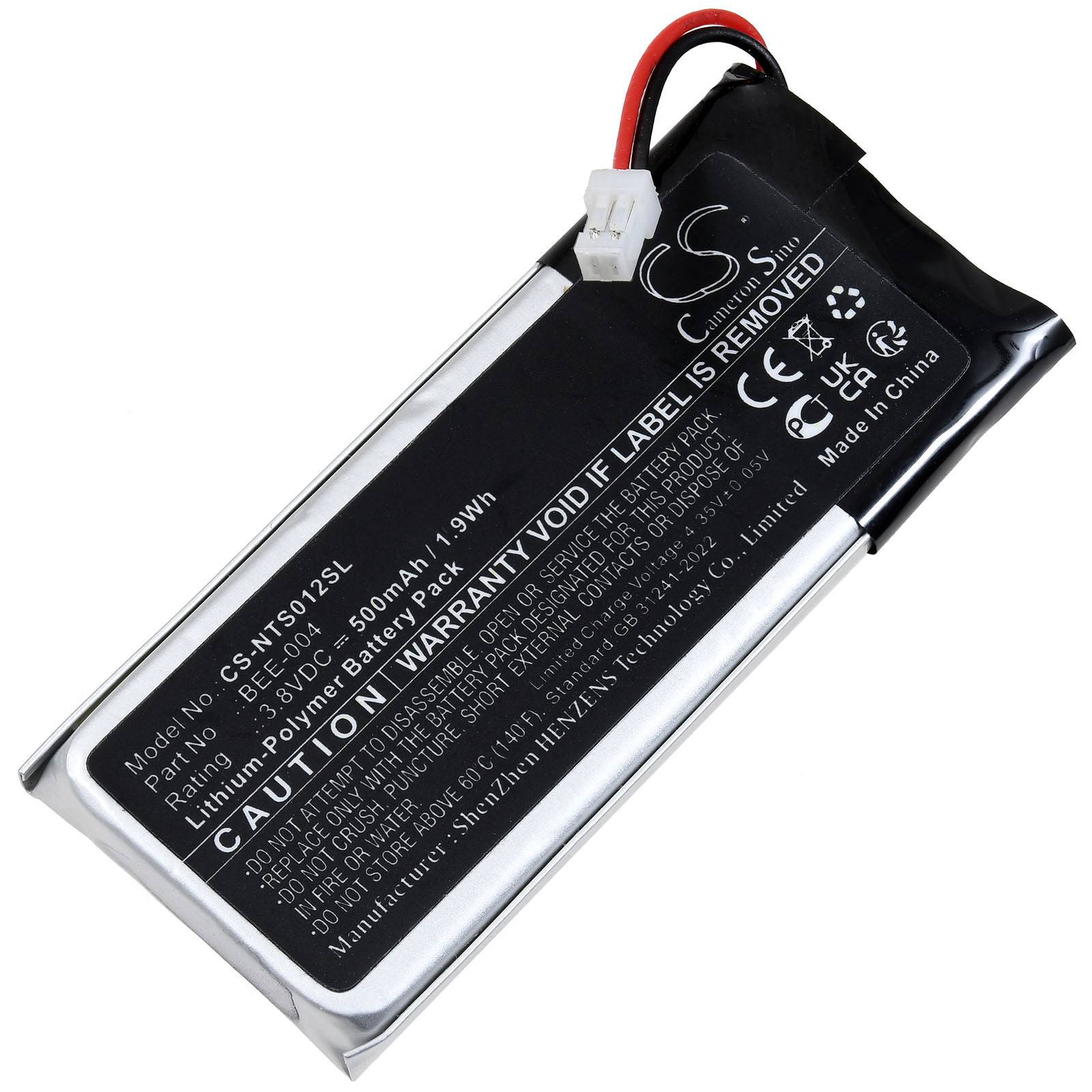 Eine rechteckige Lithium-Ionen-Batterie mit folgenden Spezifikationen: 3,7V, 900mAh und 3,33Wh. Schwarz mit weißem Herstelleretikett und einem kleinen rot-schwarzen Drahtanschluss.