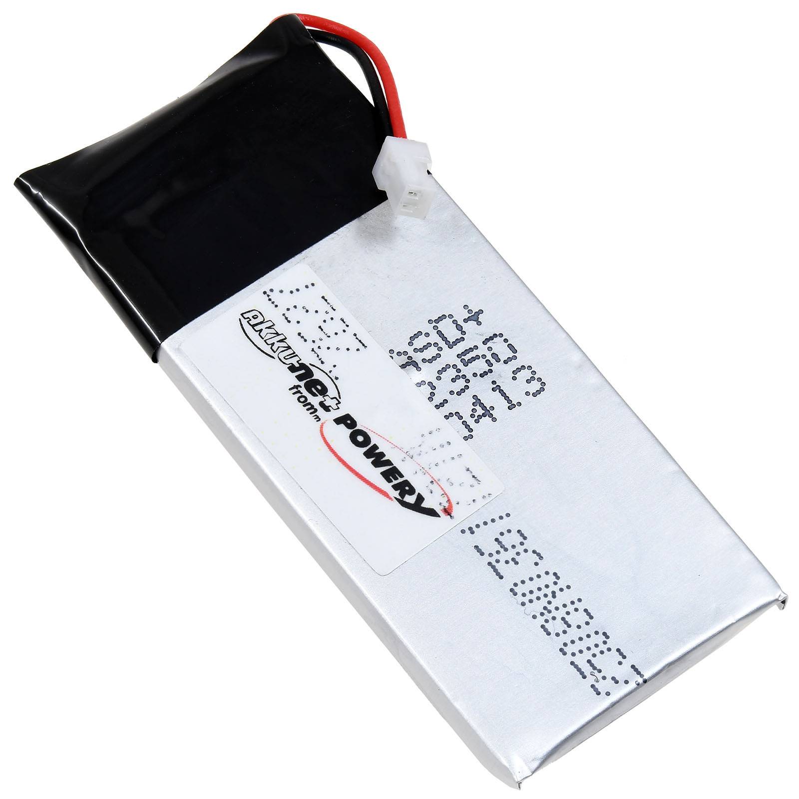 Eine rechteckige Lithium-Polymer-Batterie mit einem weißen Etikett, auf dem 