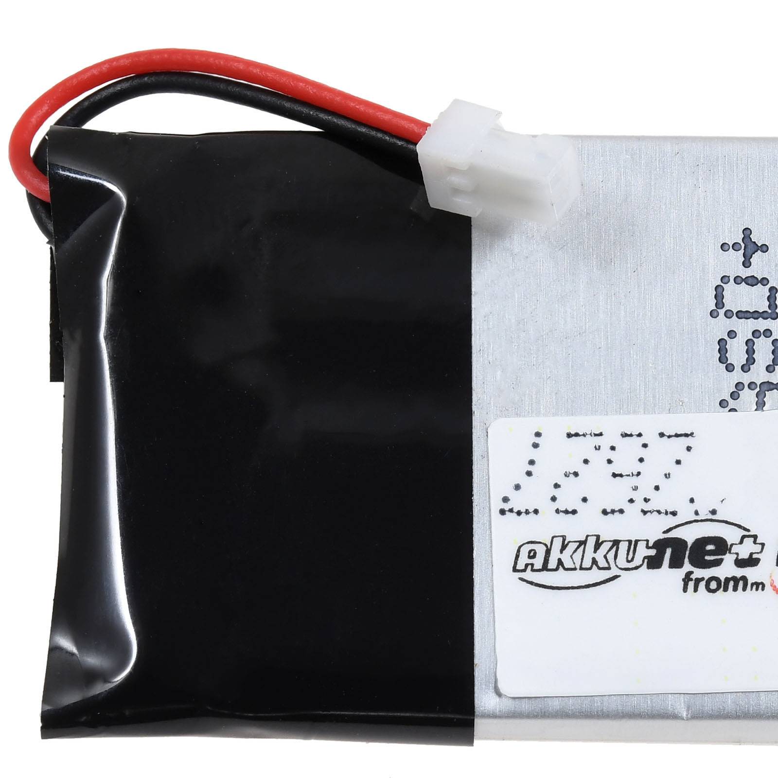 Ein rechteckiger silberner und schwarzer Akku mit roten und schwarzen Kabeln, beschriftet mit 'akku+ine from m'.