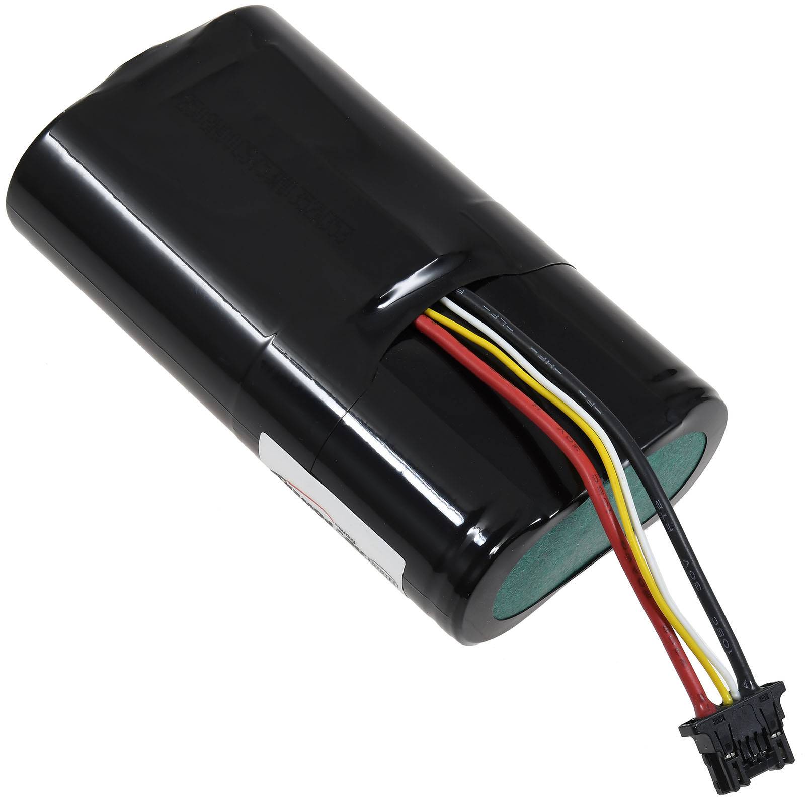 Ein schwarzes zylindrisches Batteriepack mit rot-, gelb- und schwarzfarbenen Kabeln, das für elektronische Geräte verwendet wird.