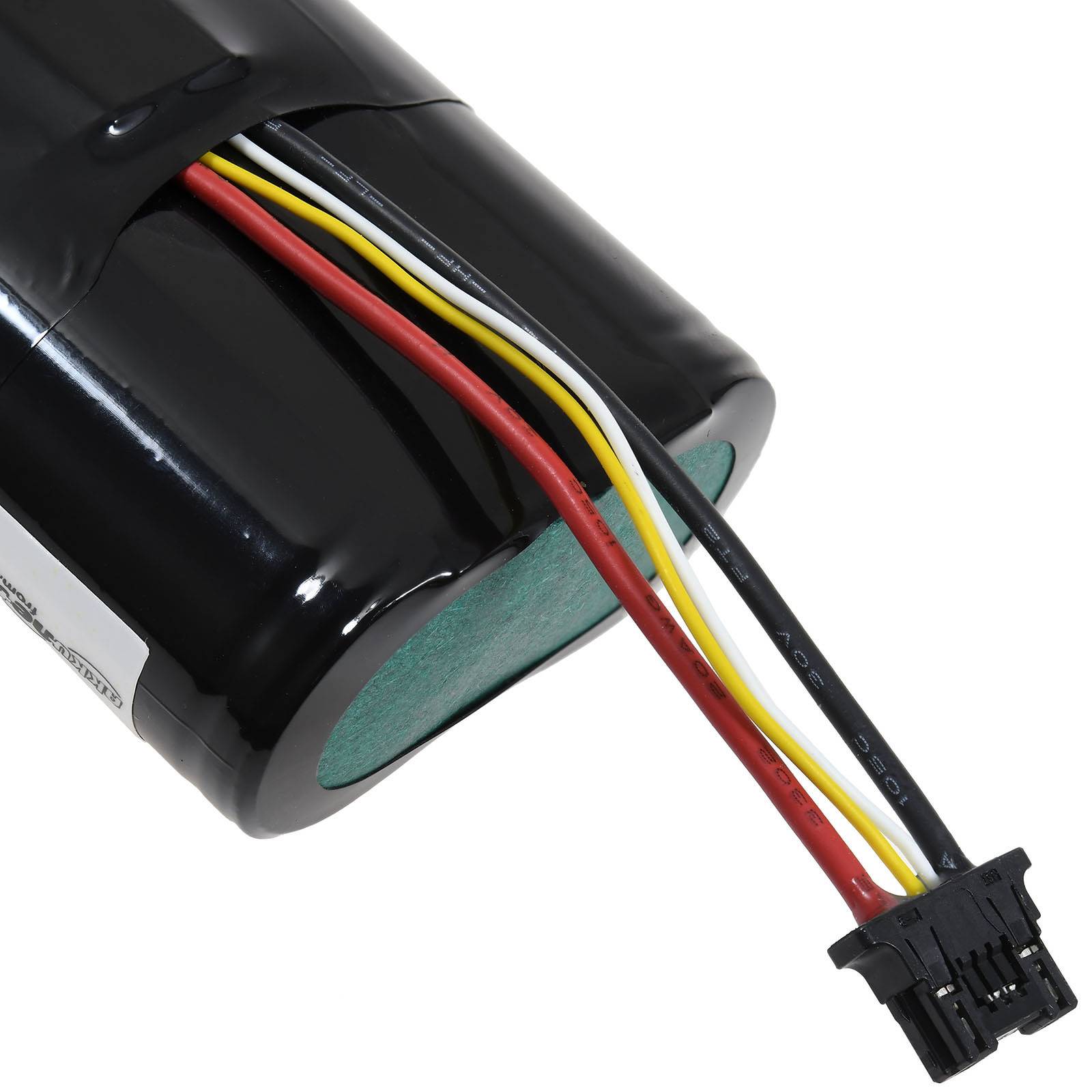 Ein schwarzer zylindrischer Akkupack mit roten, weißen, gelben und schwarzen Kabeln, die an einem Ende herausragen und in einem Vier-Pin-Stecker enden.