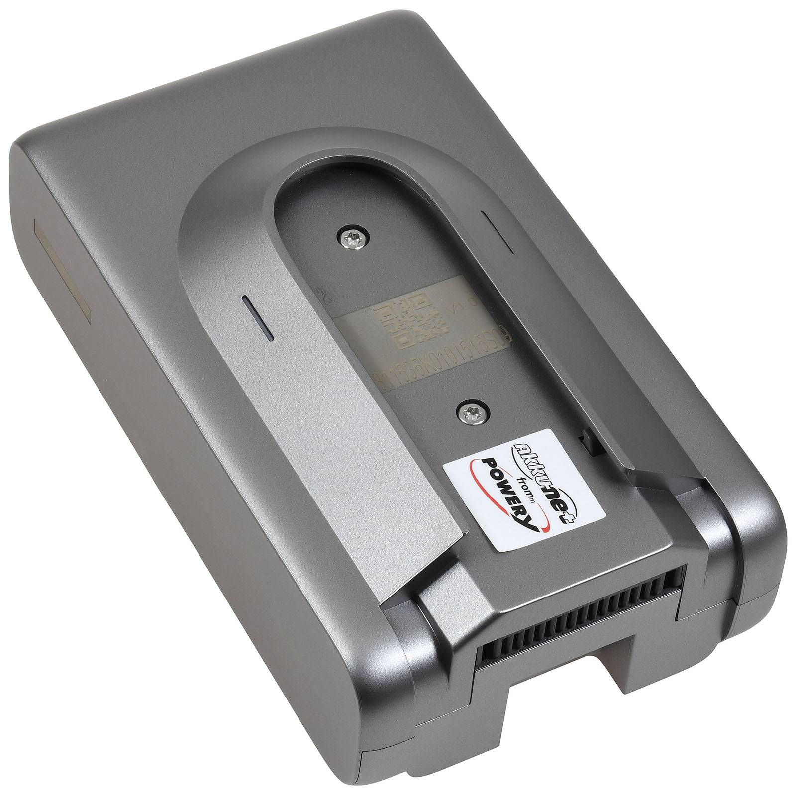Ein rechteckiger silberner Batterieladegerät mit einem 'Duracell Power' Etikett, entwickelt für größere Batterietypen, mit einem eleganten, modernen Design.