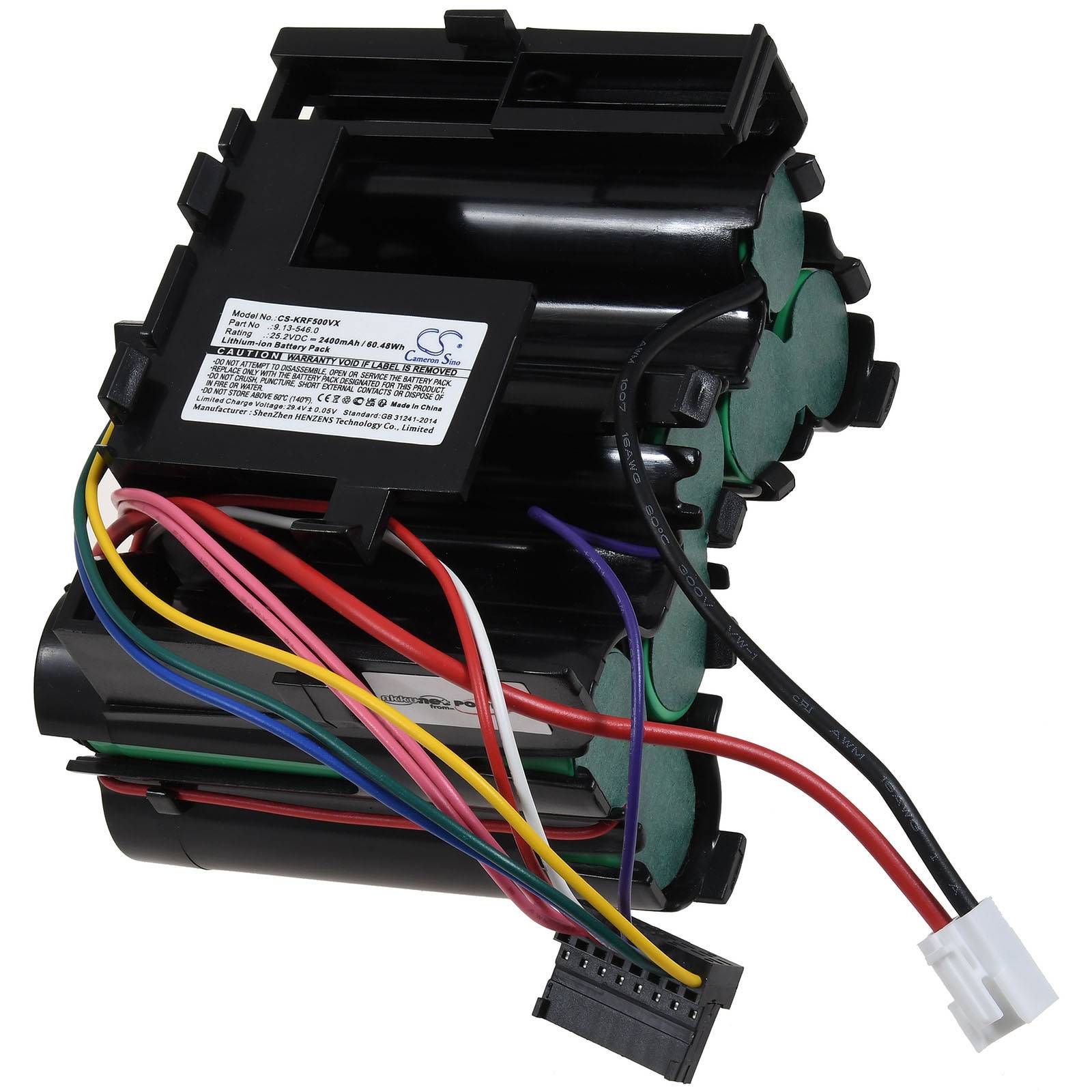 Ein Cluster von zylindrischen wiederaufladbaren Batterien mit farbigen Kabeln und einem Anschluss, wahrscheinlich verwendet in elektronischen Geräten zur Stromversorgung.