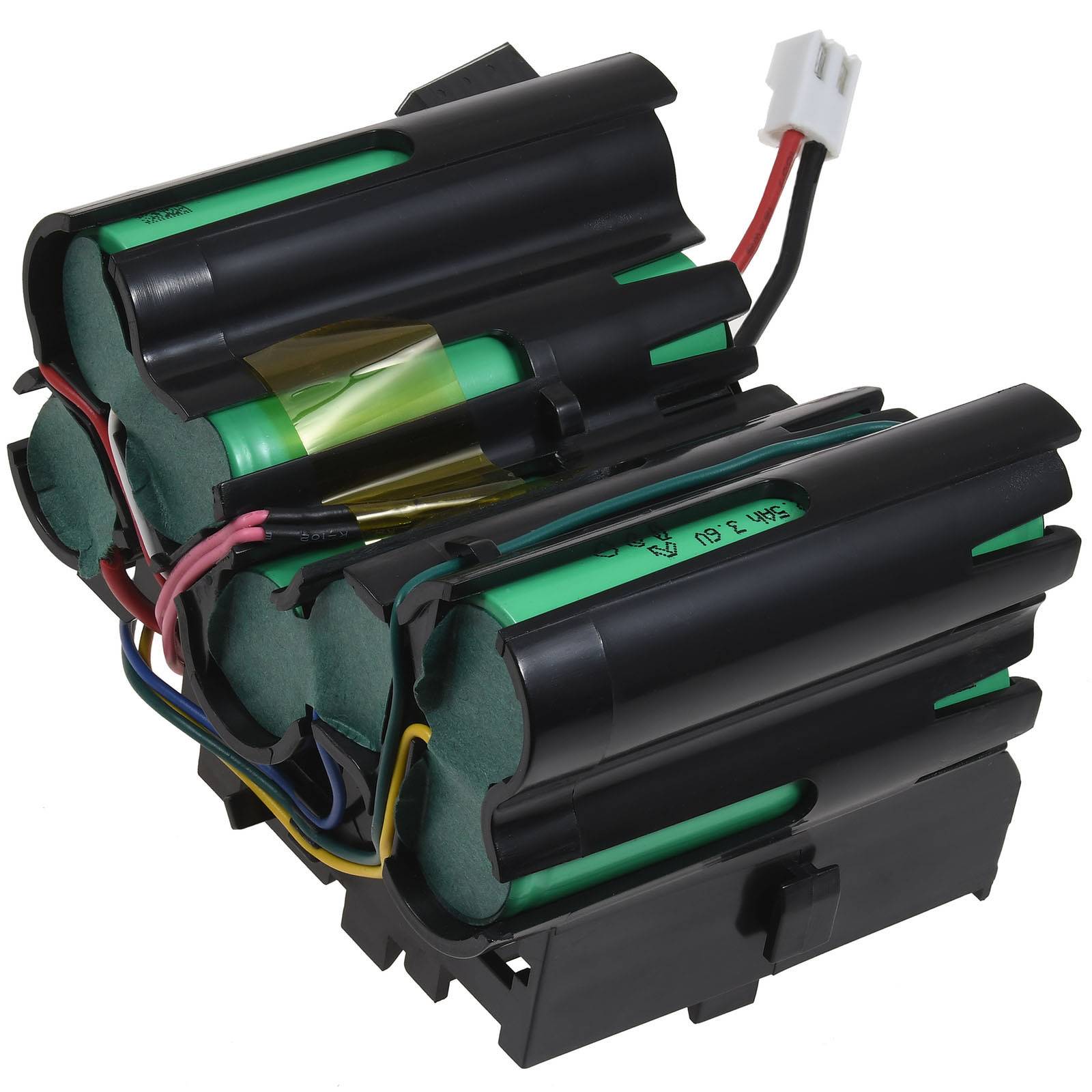 Eine Gruppe grüner zylindrischer Batterien, die zusammengeschlossen, mit Drähten verbunden und in ein schwarzes Gehäuse eingewickelt sind, wobei ein weißer Kunststoffverbinder sichtbar ist.