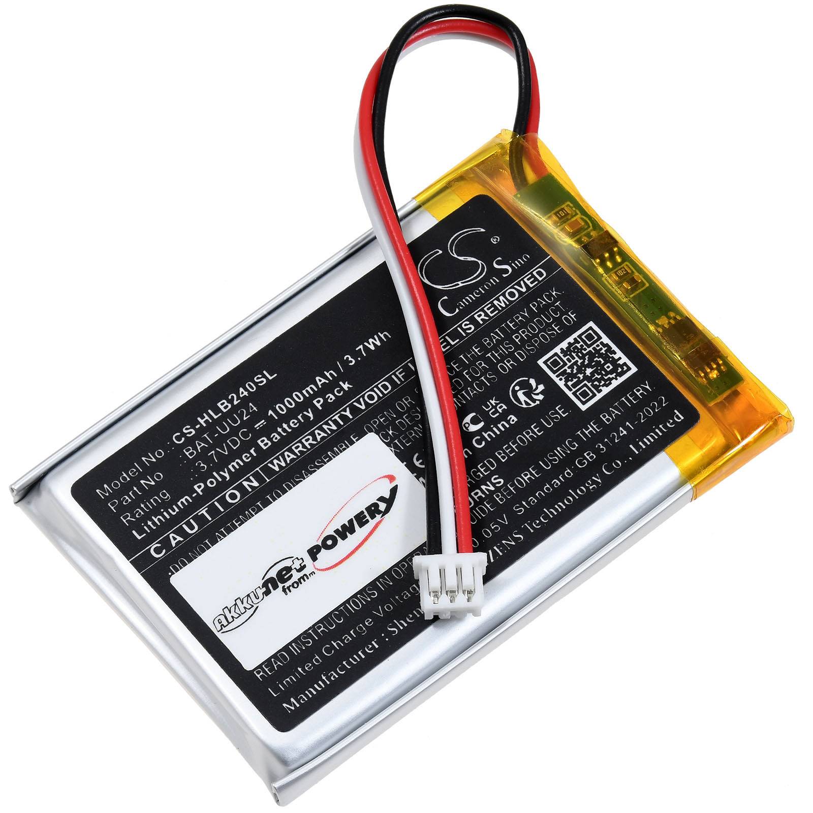 Ein rechteckiger Lithium-Ionen-Akku mit einem schwarzen Etikett, Modell CS-HLB248SL. Er verfügt über einen weißen Anschluss mit roten und schwarzen Kabeln.