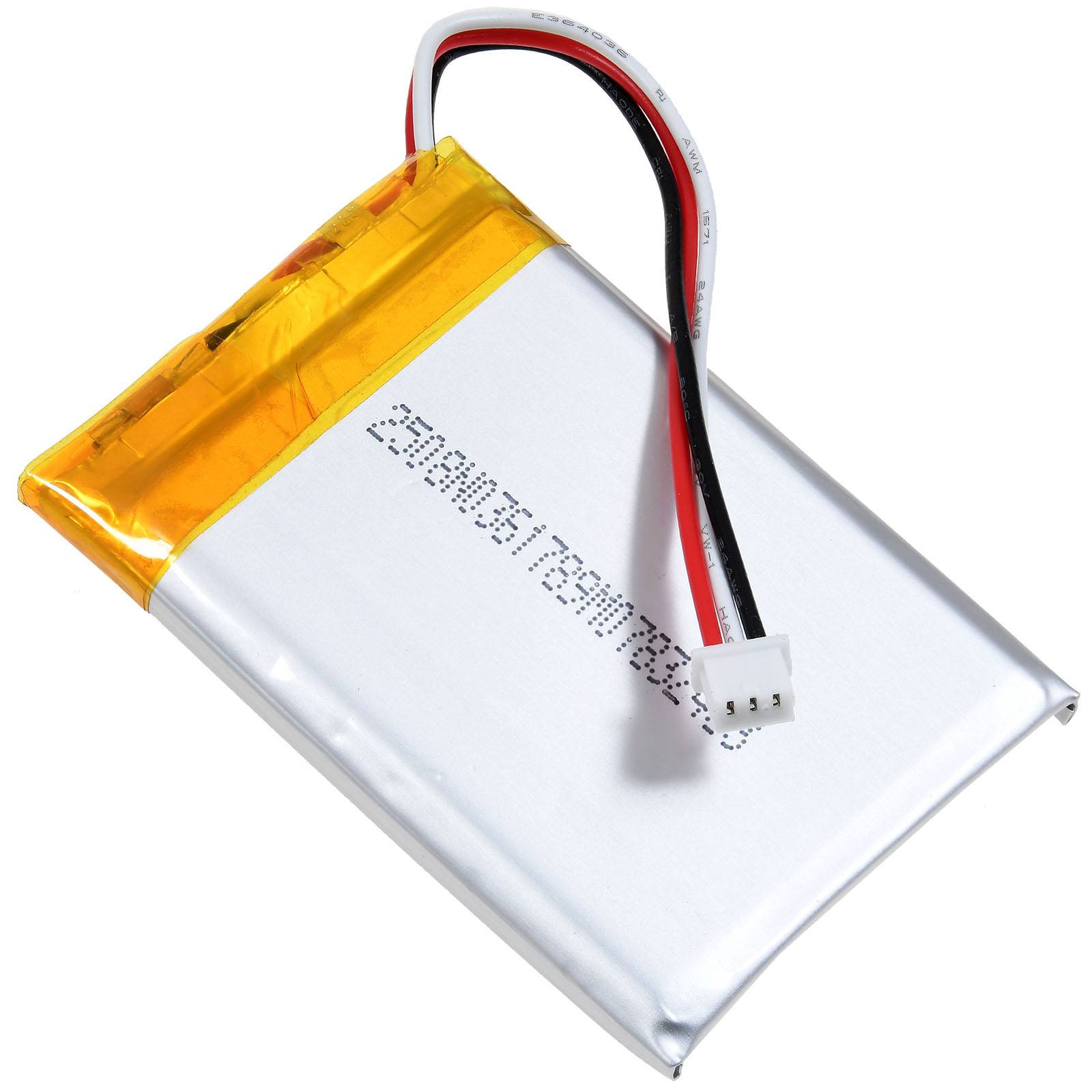 Eine rechteckige Lithium-Polymer-Batterie mit gelber Oberseite und angeschlossenen roten, schwarzen und weißen Kabeln, die in einem weißen Stecker enden.