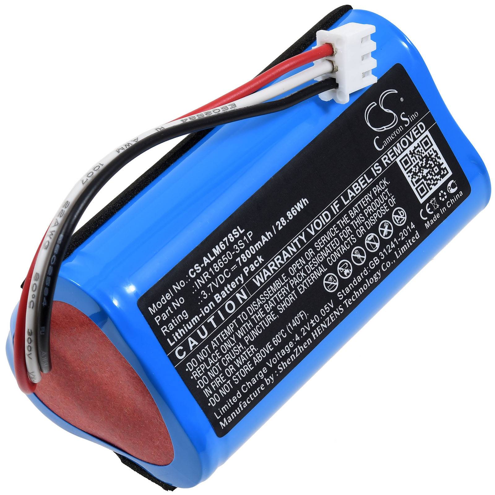 Blaue zylindrische wiederaufladbare Batterie mit schwarzem Text auf dem Etikett, der Spezifikationen, Warnhinweise und Herstellerinformationen enthält.