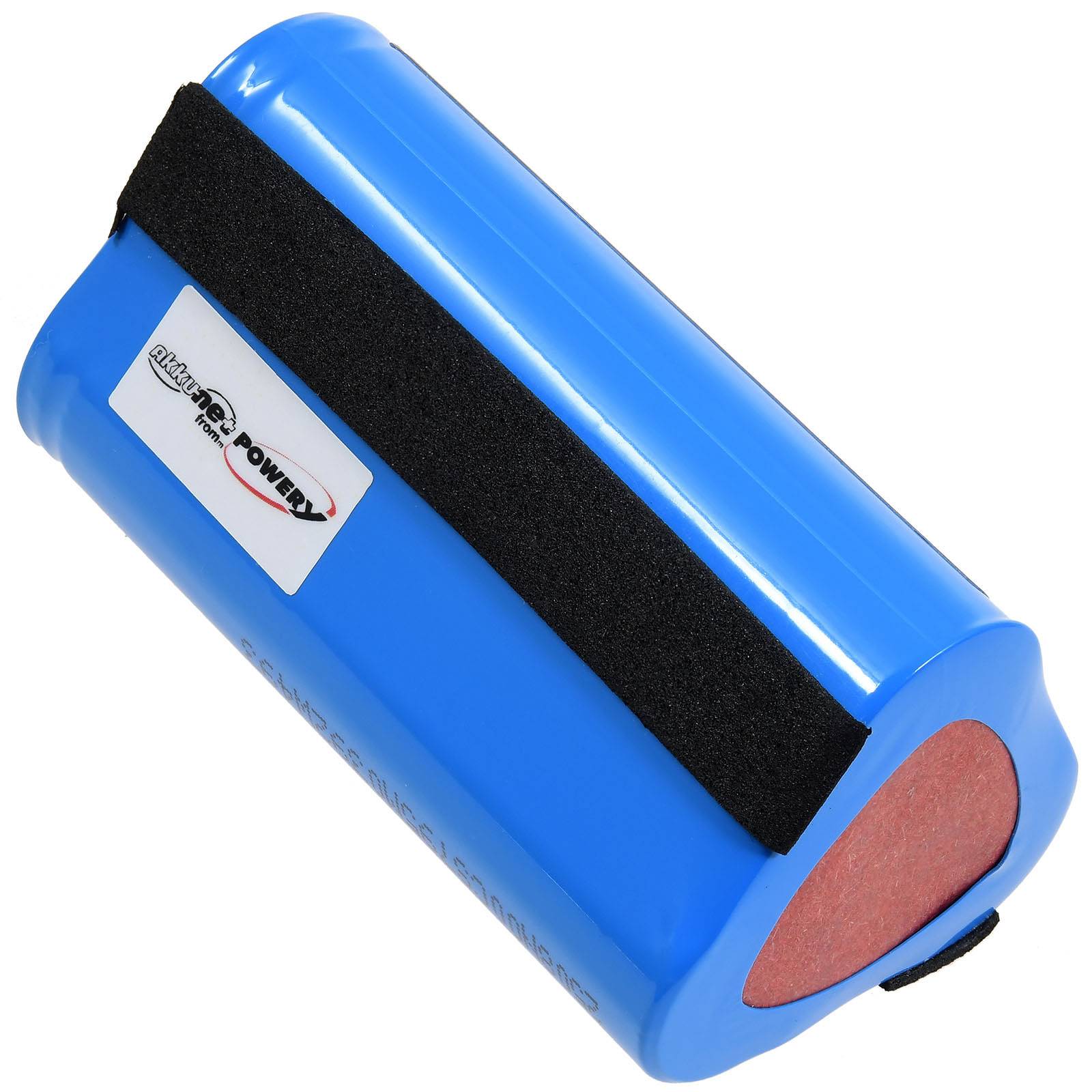 Ein blauer Akkupack mit einem schwarzen Riemen, beschriftet mit 'Battery Power'.
