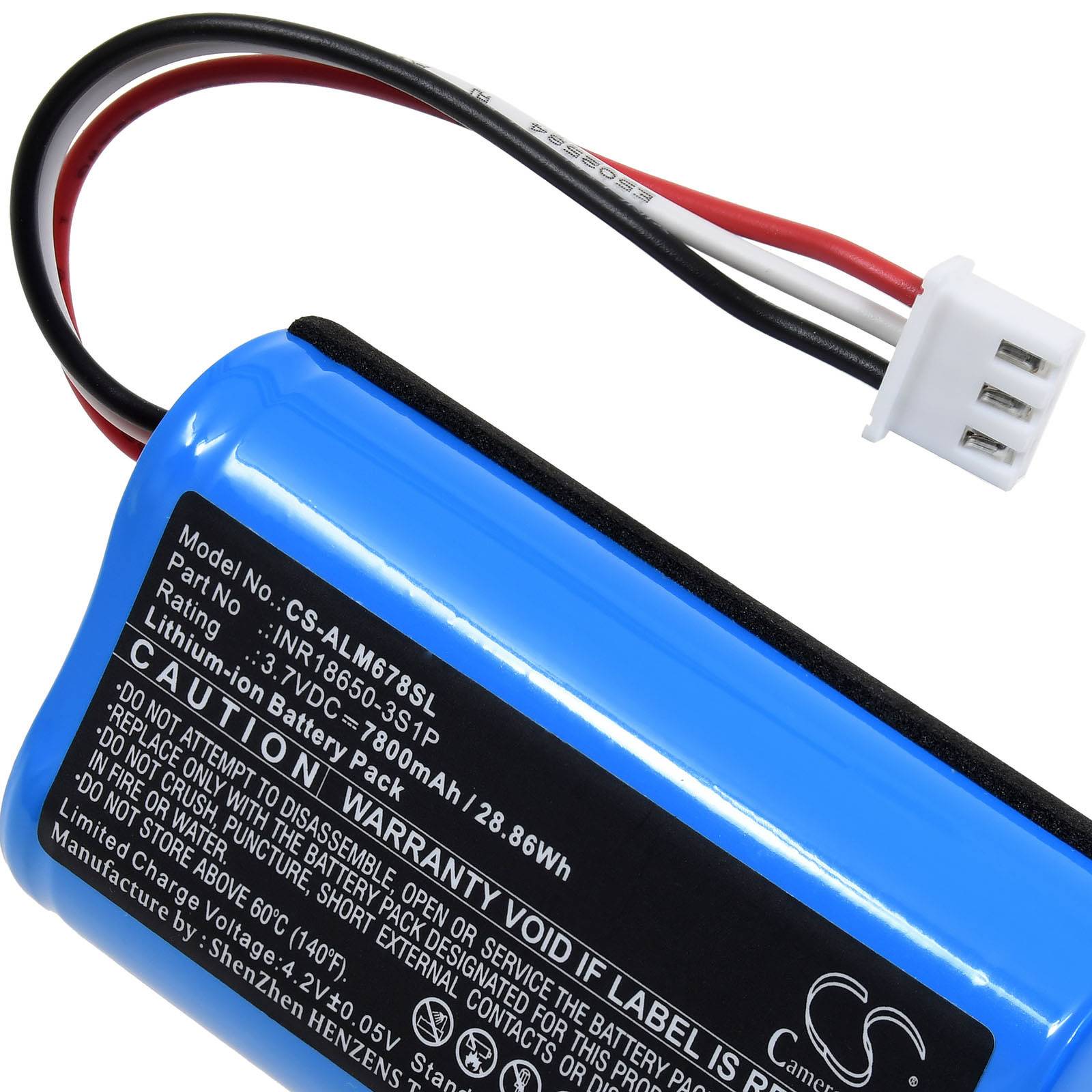 Blaue Lithium-Ionen-Batterie mit Kabeln und einem Anschluss. Etikett enthält Spezifikationen: Modell-Nr. CNB686730P; 7,4V; 2800mAh; 20,86Wh.