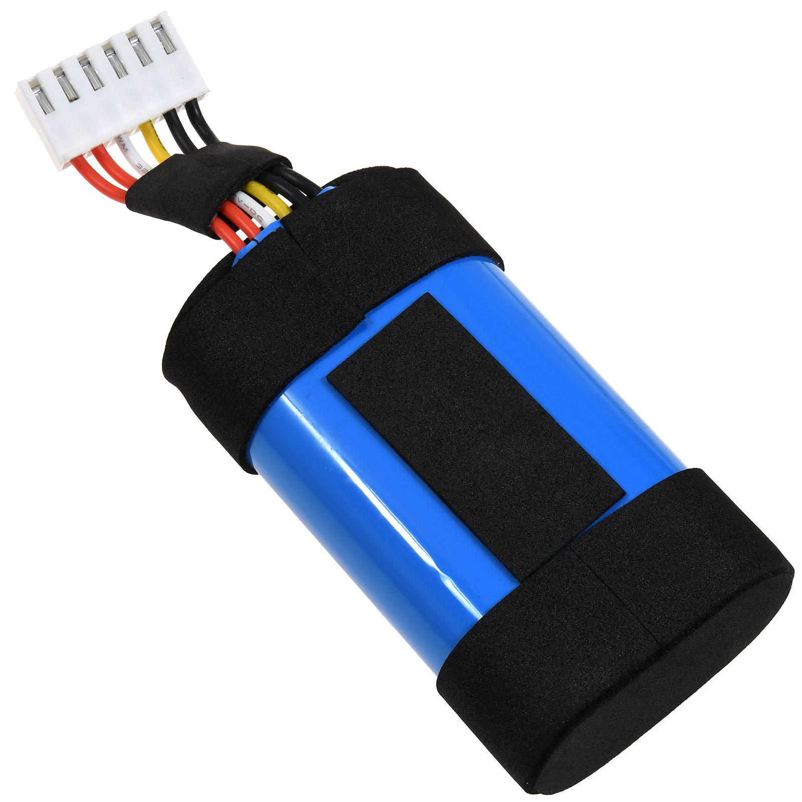 Ein blau-schwarzes Akkupaket mit mehreren Kabeln und einem Anschluss, verwendet für elektronische Geräte und ferngesteuerte Modelle.