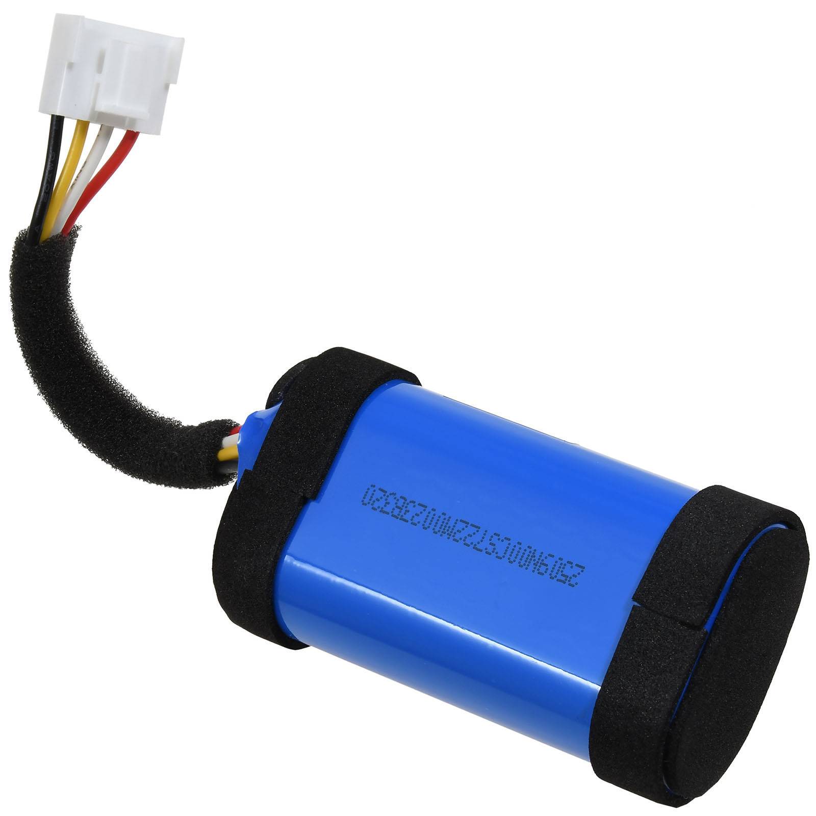 Eine blaue zylindrische Batterie mit schwarzen Schaumstoffenden und einem mehrfarbigen Drahtanschluss.