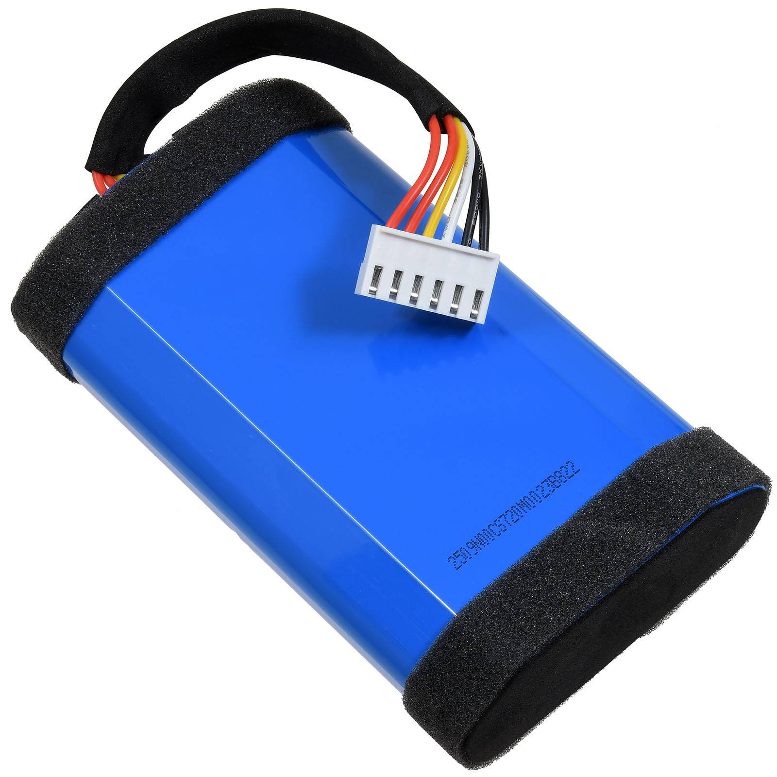 Ein blauer Akkupack mit einem schwarzen Riemen und mehrfarbigen Kabeln, die von einem Ende abstehen, entwickelt für elektronische Geräte.