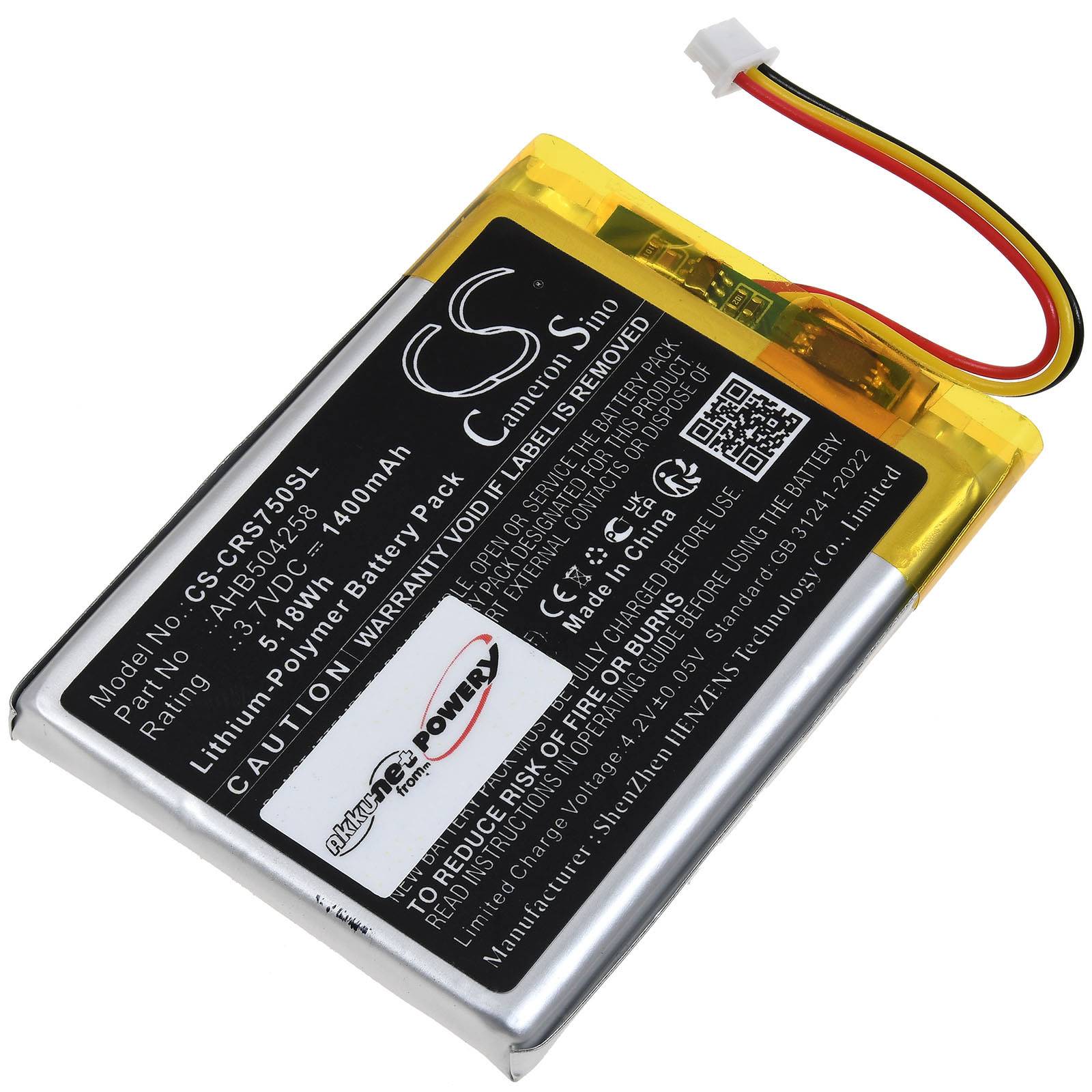 Lithium-Polymer-Akku mit Aufschrift '3,7V, 1400mAh, 5,18Wh'. Warnhinweise umfassen das Verbot zu durchbohren oder unsachgemäß zu verwenden. Entwickelt für bestimmte Gerätemodelle.