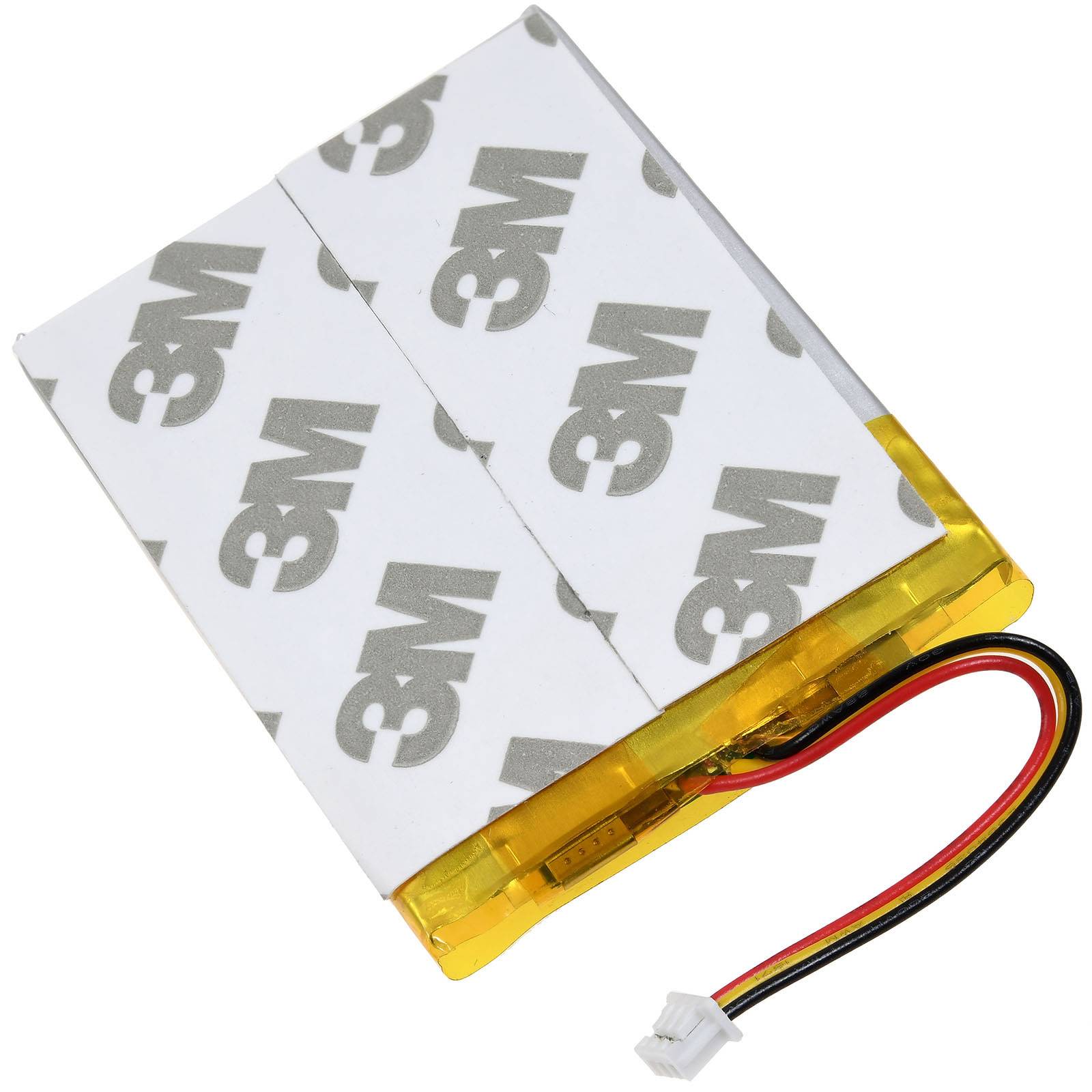 Ein Lithium-Polymer-Akku mit selbstklebender Rückseite und einem Zweileiter-Anschluss.