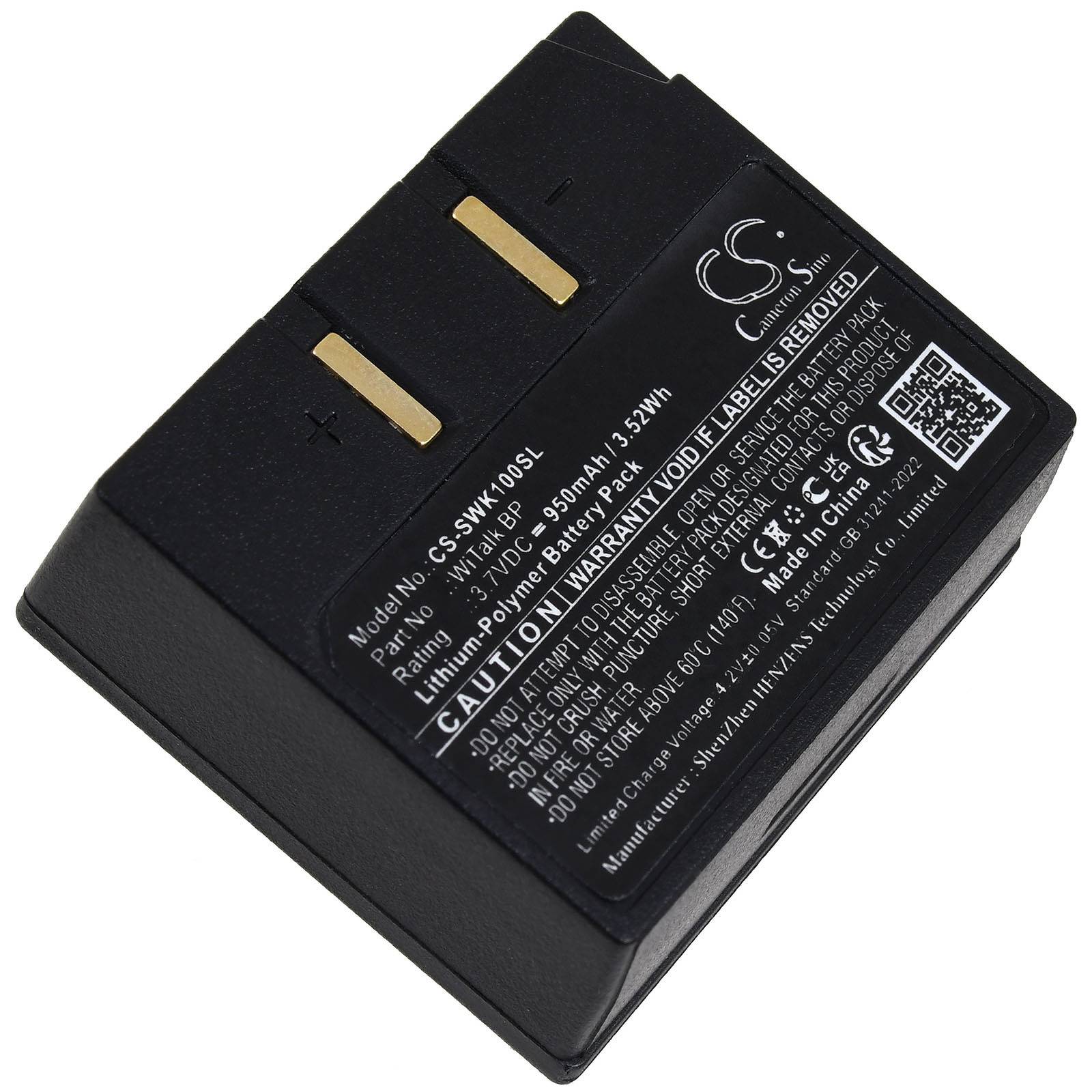 Eine schwarze wiederaufladbare Batterie, kompatibel mit bestimmten Modellen, gekennzeichnet als ‚Model No: CS-SHK105SL' mit einer Kapazität von 3,7V, 850mAh.
