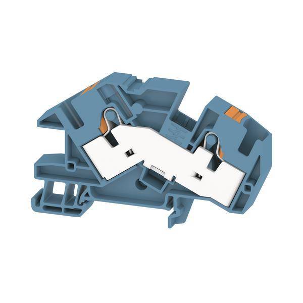 Ein blauer elektrischer Anschlussblock mit einer internen weißen Kontaktfläche und orangen Komponenten, der zum Verbinden von Drähten in elektrischen Verteilerkästen verwendet wird.