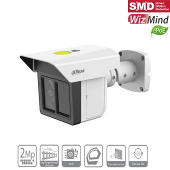 Dahua-Kugelüberwachungskamera an einer Wand montiert, mit SMD-, WizMind- und ePoE-Logos sowie unten dargestellten Funktionssymbolen.