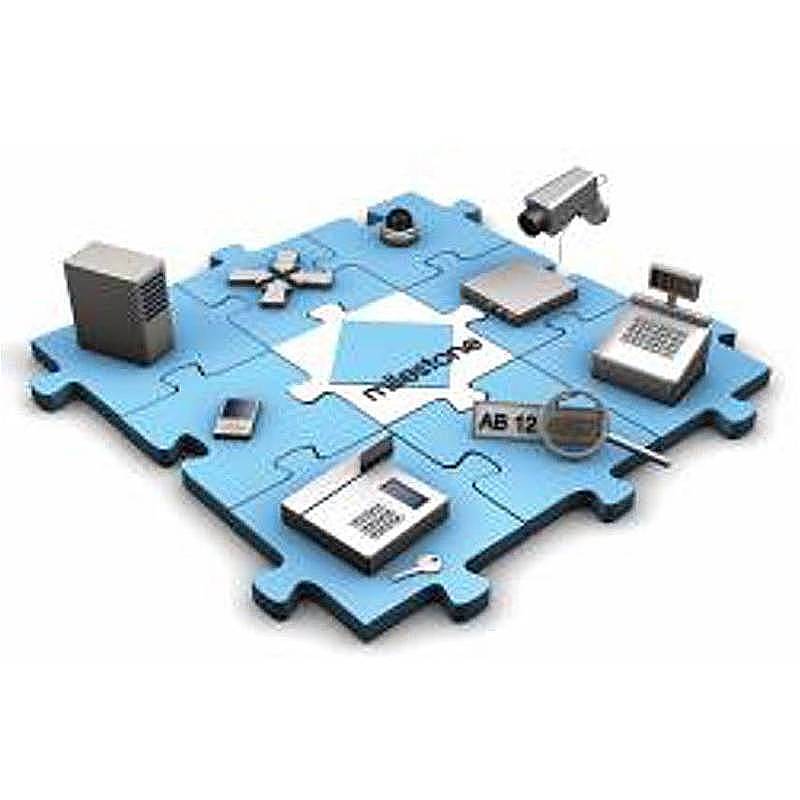 Puzzleteile bilden eine quadratische Basis mit verschiedenen Bürogeräten darauf, die miteinander vernetzte Technologie und Systeme repräsentieren.