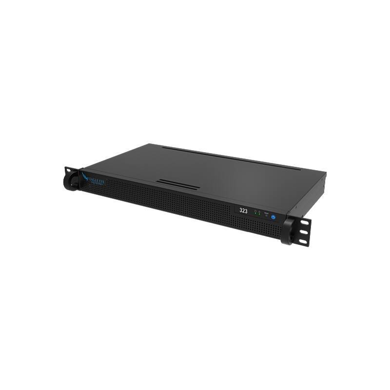 Schwarzes, in einem Rack einzubauendes Server- oder Netzwerkgerät mit Frontanzeige und Rack-Ohren, dargestellt auf weißem Hintergrund.