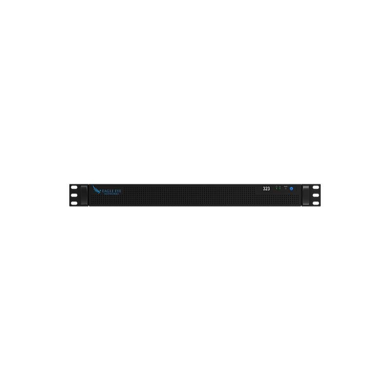 Frontansicht eines schwarzen 1U-Rack-Netzwerkgeräts mit perforiertem Frontpanel, Statusanzeigen und Rack-Ohren auf beiden Seiten.