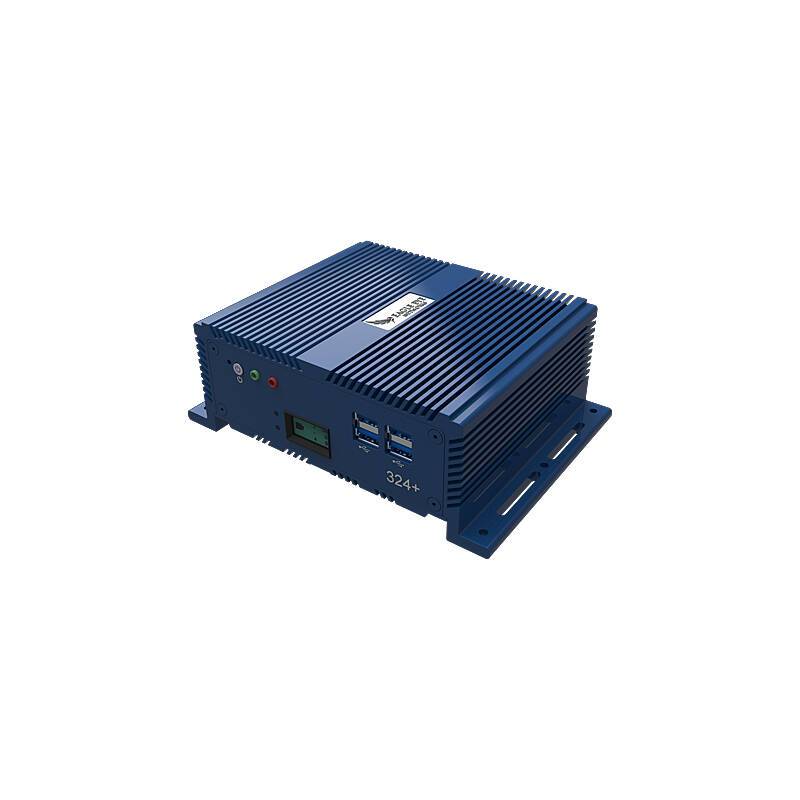 Blaue metallische elektronische Kontrollbox mit gerippter Oberseite, Vorderdisplay, Statusleuchten und USB-Anschlüssen, dargestellt auf weißem Hintergrund.