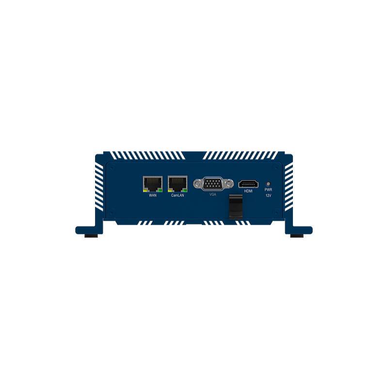 Blaues Industrie-Gerät mit Rückseite mit zwei Ethernet-Anschlüssen mit den Bezeichnungen WAN und CamLAN, einem VGA-Anschluss, einem HDMI-Anschluss und einem 12V-Stromeingang.
