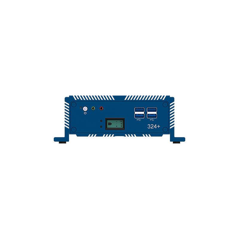 Blaue Frontblende eines 324+ Elektronikgeräts mit Display, Anzeigelampen und mehreren USB-Anschlüssen