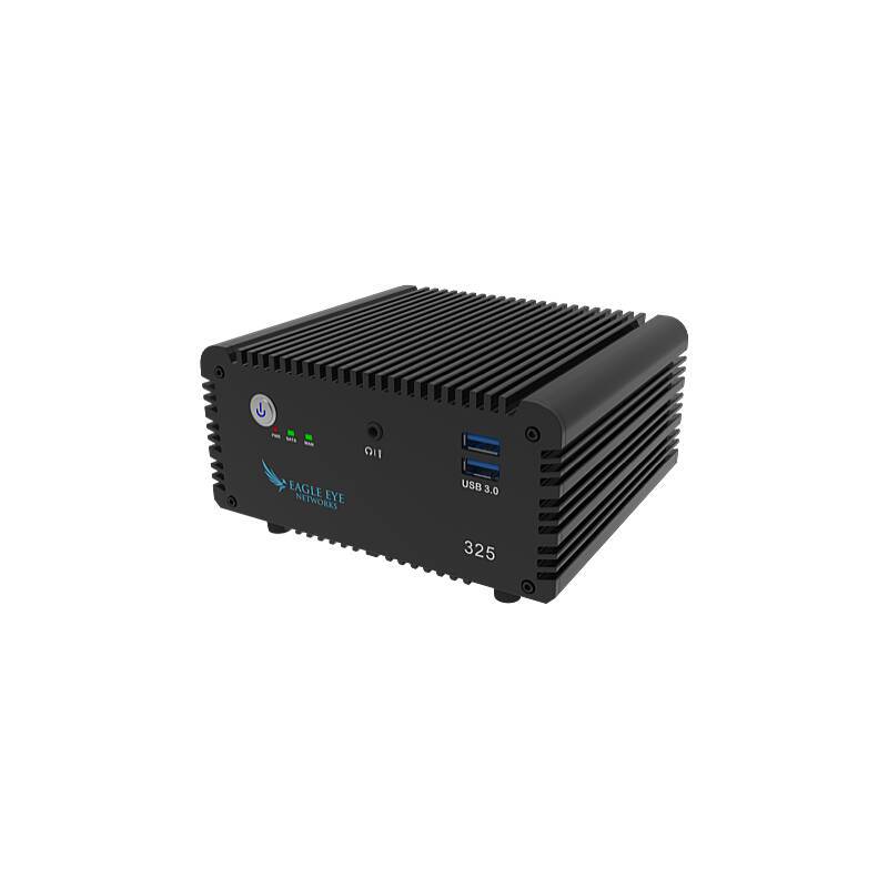 Black EagleLakes kompakter fanloser Mini-PC mit Stromschalter, Statusleuchten und zwei USB 3.0-Anschlüssen, gekennzeichnet mit 325