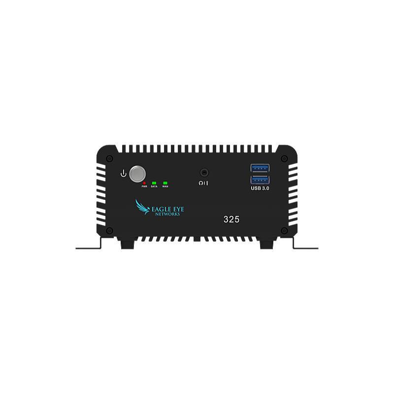 Frontansicht eines Eagle Eye Networks 325-Geräts mit Statusleuchten und zwei USB 3.0-Anschlüssen auf weißem Hintergrund