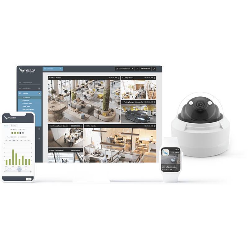 Asetek-Überwachungssystem-Display, das mehrere Sicherheitskamera-Feeds auf einem Desktop-Bildschirm, Tablet und Smartphone mit einer Kamera zeigt.
