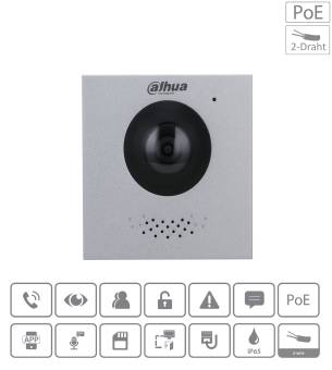 Dahua PoE 2-Draht Gegensprechanlage-Kamera-Panel mit Objektiv, Mikrofon-Öffnungen und Funktionssymbolen für Anrufe, Ansicht, Sperre, Alarm, Nachrichten, App und PoE-Stromversorgung.