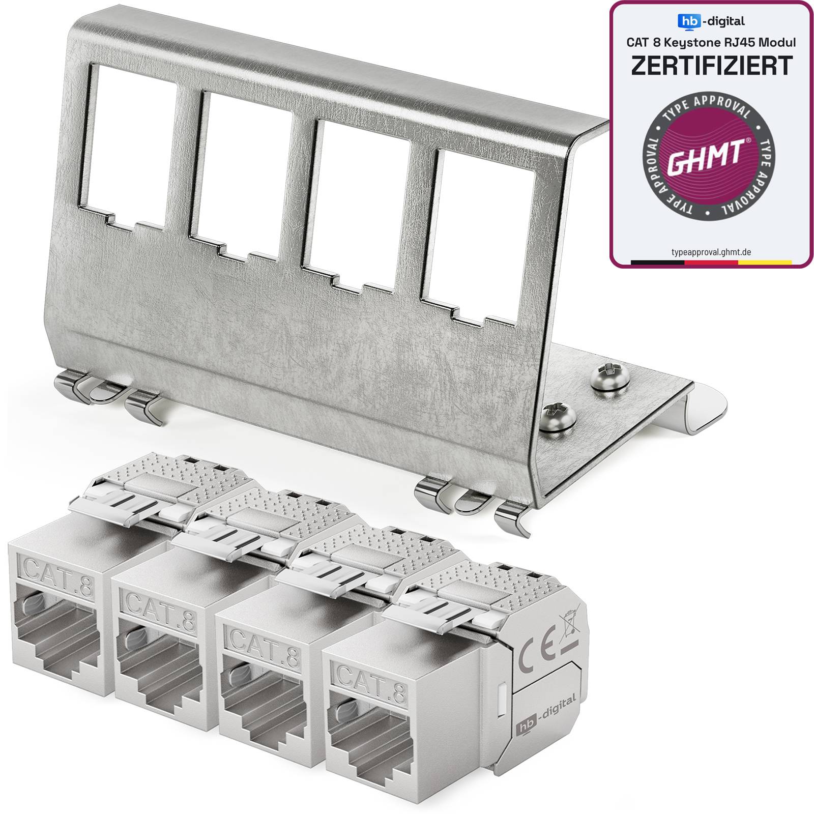hb-digital Hutschienenadapter 4 Port mit CAT 8.1 Keystone Modul RJ45