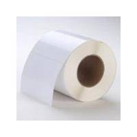 Eine Rolle weißer, blanker Etiketten mit glatter und glänzender Oberfläche, teilweise abgerollt, konzipiert für Druckanwendungen.