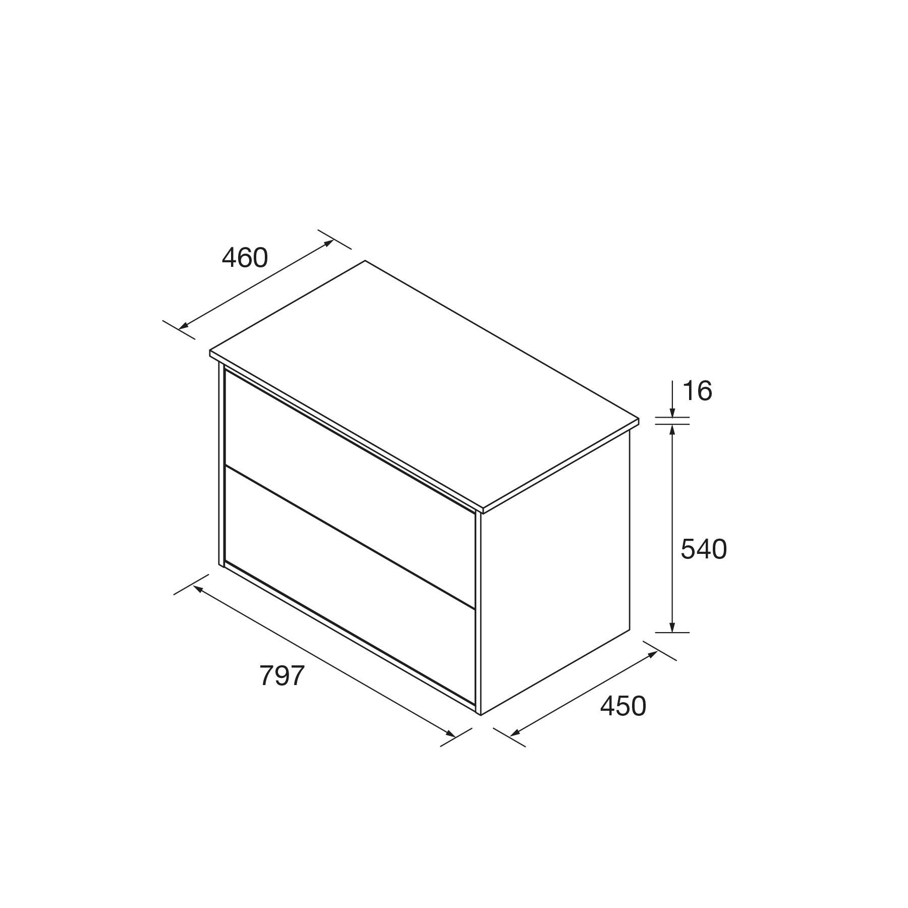 Schrankabmessungen: Breite 797 mm, Tiefe 460 mm, Höhe 540 mm. Inklusive Schubladenhöhe von 16 mm.