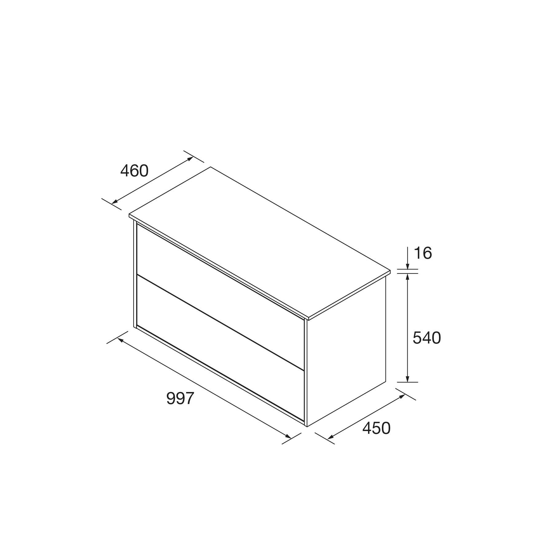 Liniendiagramm eines rechteckigen Schranks mit Abmessungen: 997 mm Breite, 450 mm Tiefe, 540 mm Höhe und 16 mm Deckeldicke.