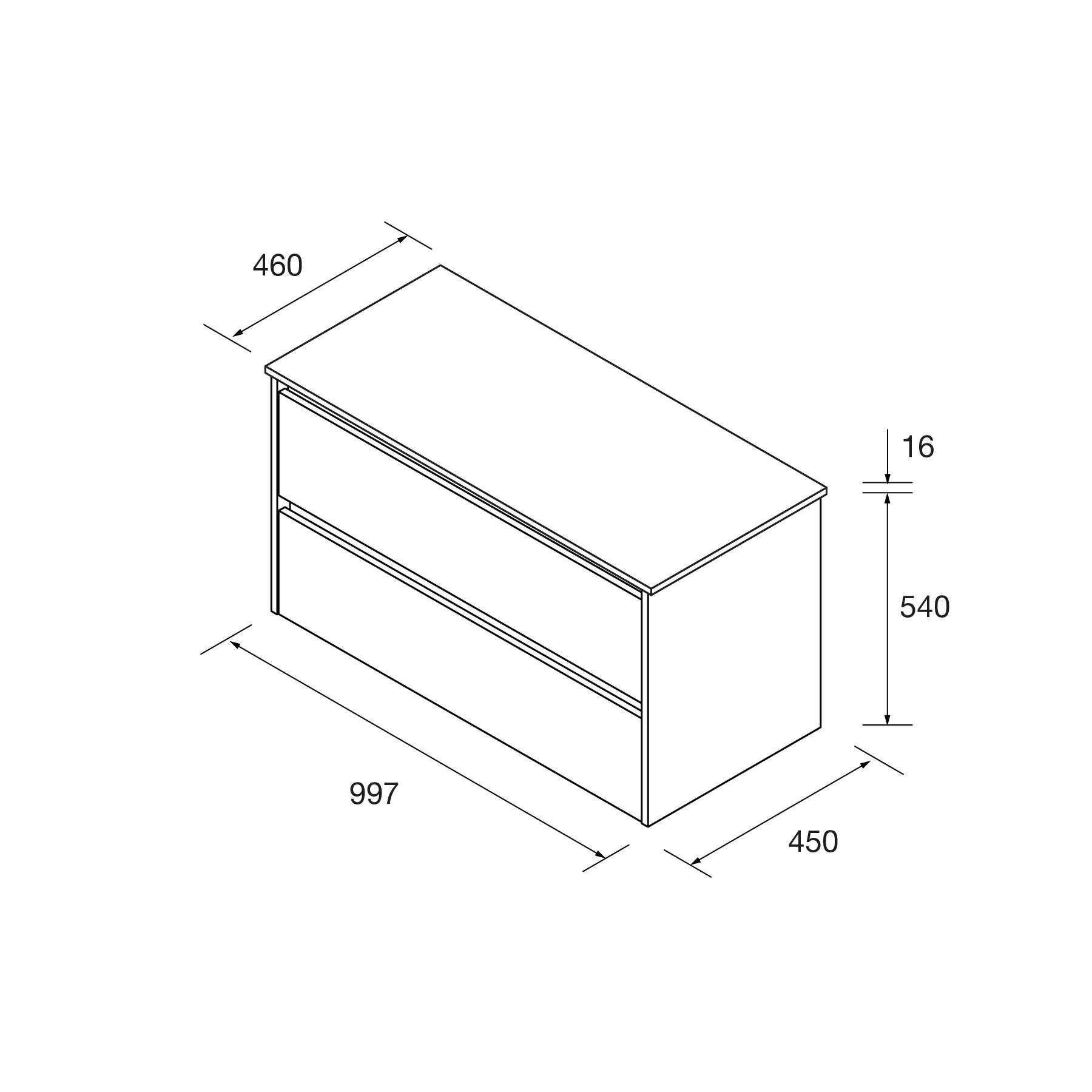 Eine technische Zeichnung eines rechteckigen Schranks mit Abmessungen: 997 mm breit, 450 mm tief, 540 mm hoch. Höhe des oberen Abschnitts beträgt 16 mm.