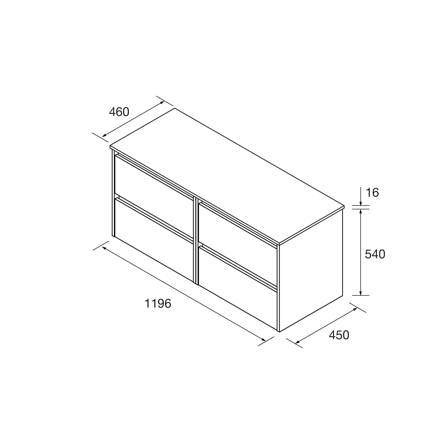 Technische Zeichnung eines Sideboards mit Abmessungen: Breite 1196 mm, Tiefe 450 mm, Höhe 540 mm und Höhe der Deckplatte 16 mm.