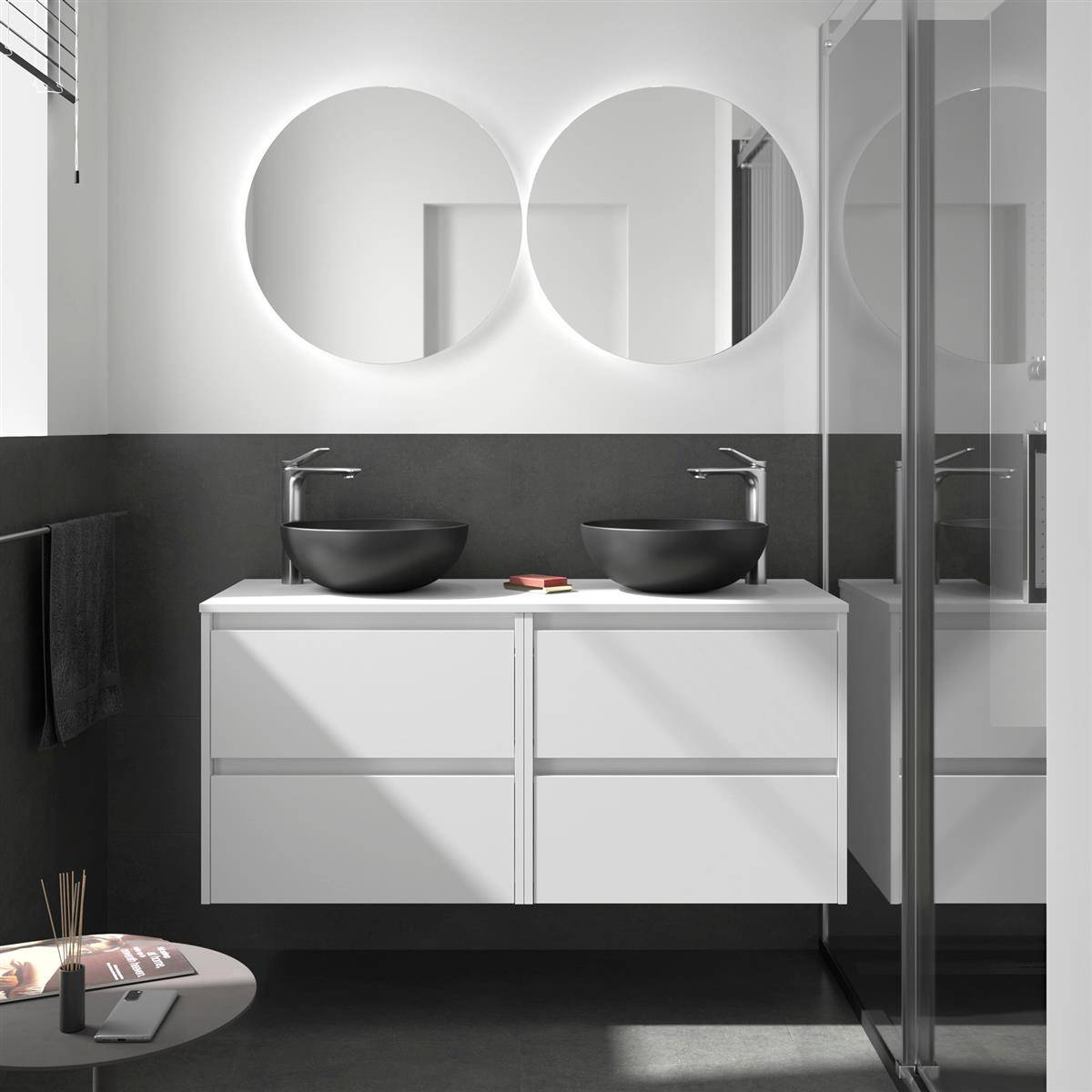 Badezimmermöbel BALTIC 1400 S4 chubladen WHITE SATIN + Waschtisch-Platte