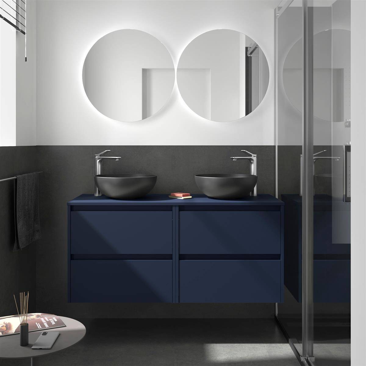 Badezimmermöbel BALTIC 1400 4 Schubladen BLUE SATIN + Waschtisch-Platte