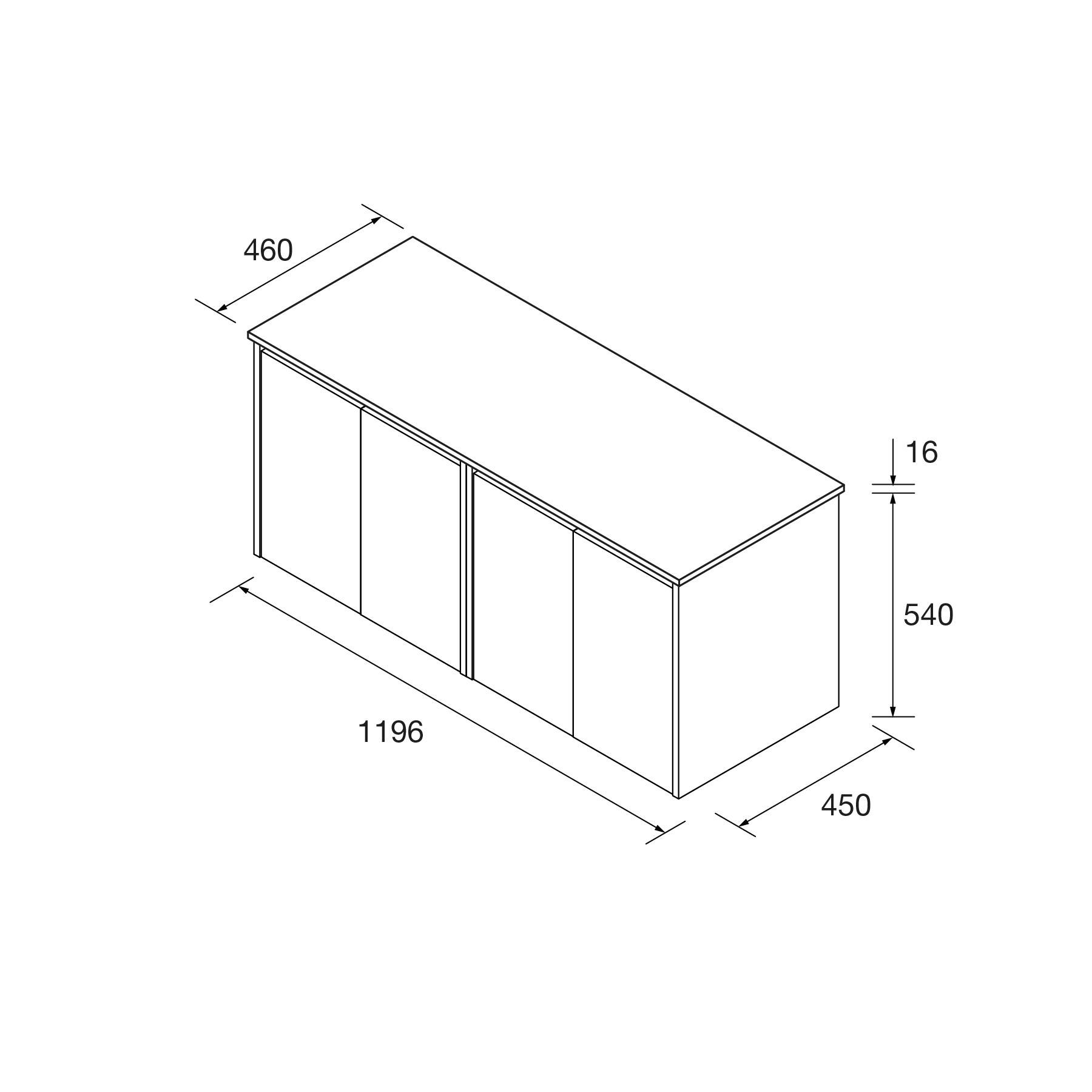 Schrank-Design-Diagramm mit Maßen: 1196 mm Breite, 540 mm Höhe, 450 mm Tiefe. Oberes Panel ragt 460 mm heraus. Zwei Schiebetüren enthalten.