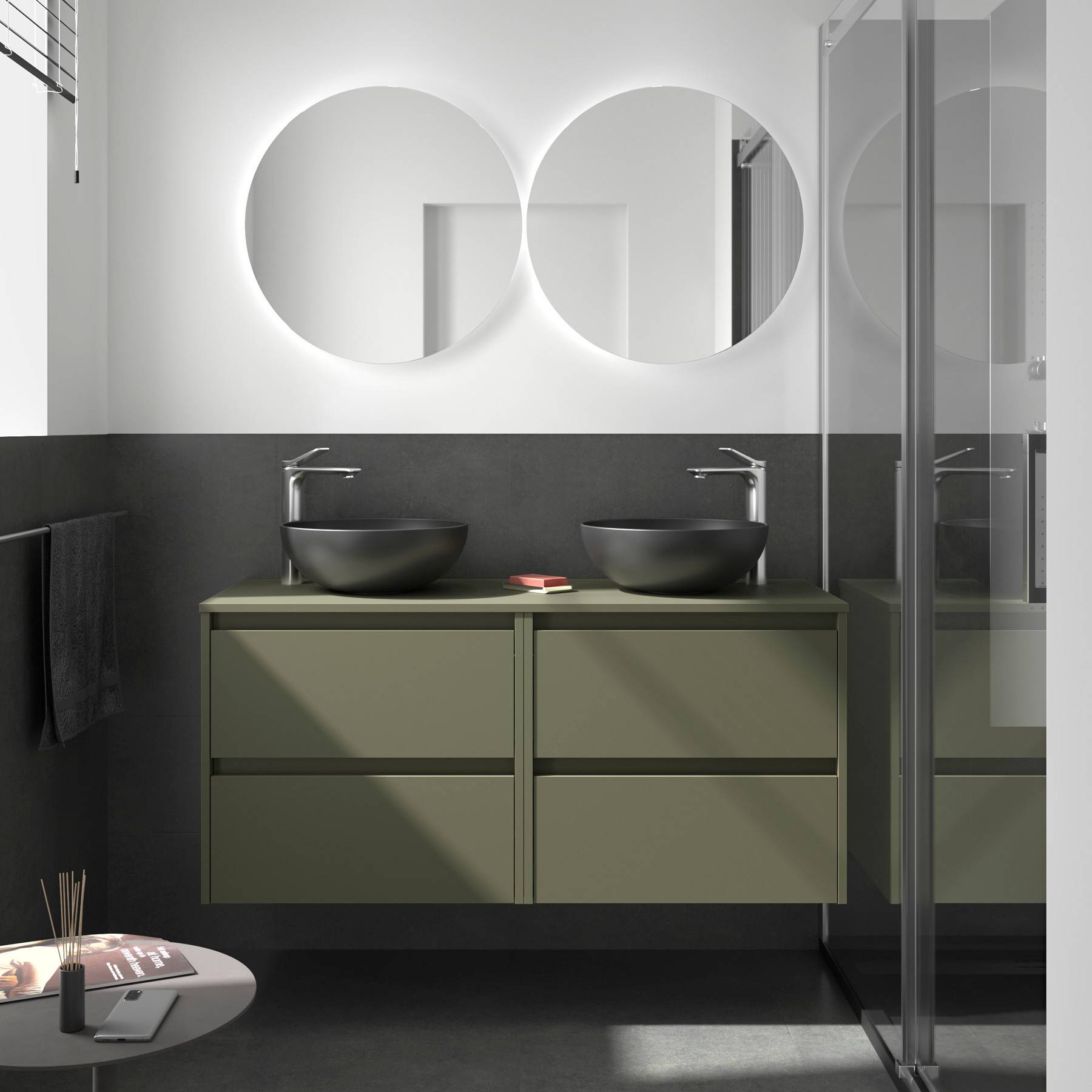 Salgar Badezimmermöbel NOJA 1400 4 Schubladen GREEN SATIN + Waschtisch-Platte